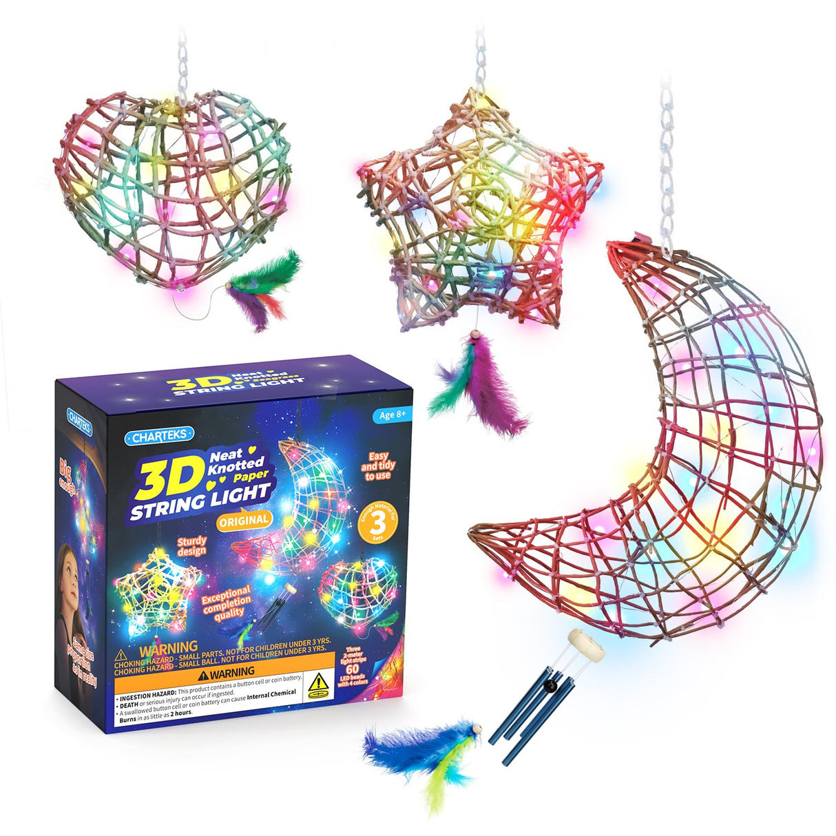 CHARTEKS 3D String Light Craft Kit for Kids, String Art Kit with LED Bulbs and Wind Chime, Arts and Crafts Set, Birthday Gifts for Girls Boys Ages 8+ (Original, Paper String) CHARTEKS