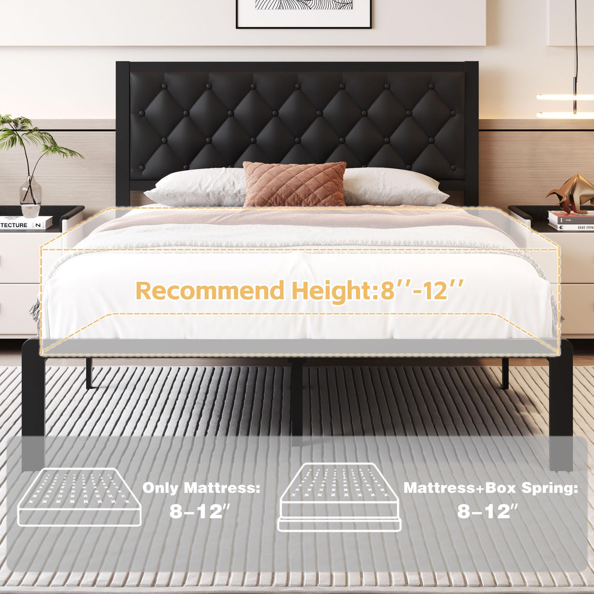 Fluest Queen Bed Frame with Headboard PU Leather Upholstered Bed Frame Platform,All Metal Slats Support Platform Bed Frame with Storage Space,Easy Assembly,Noise Free,No Box Spring Needed,Black Fluest