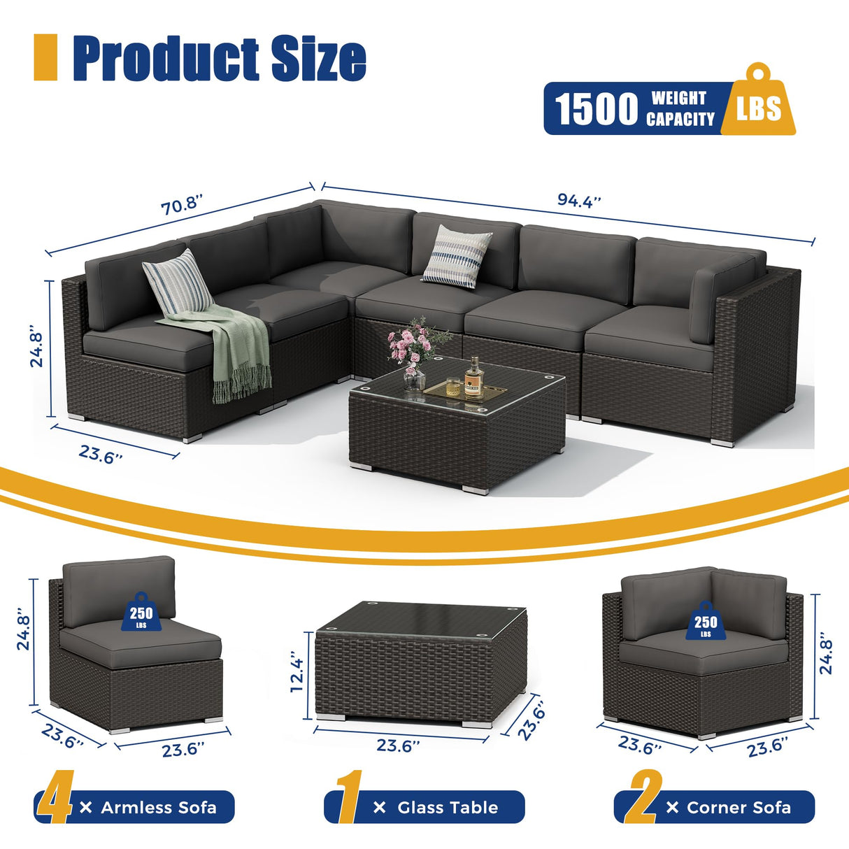 SUNCROWN 7-Piece Outdoor Patio Furniture Sofa Set All-Weather Wicker Sectional Conversation Set with Modern Glass Coffee Table, Cushions and A Waterproof Cover (Grey) SUNCROWN