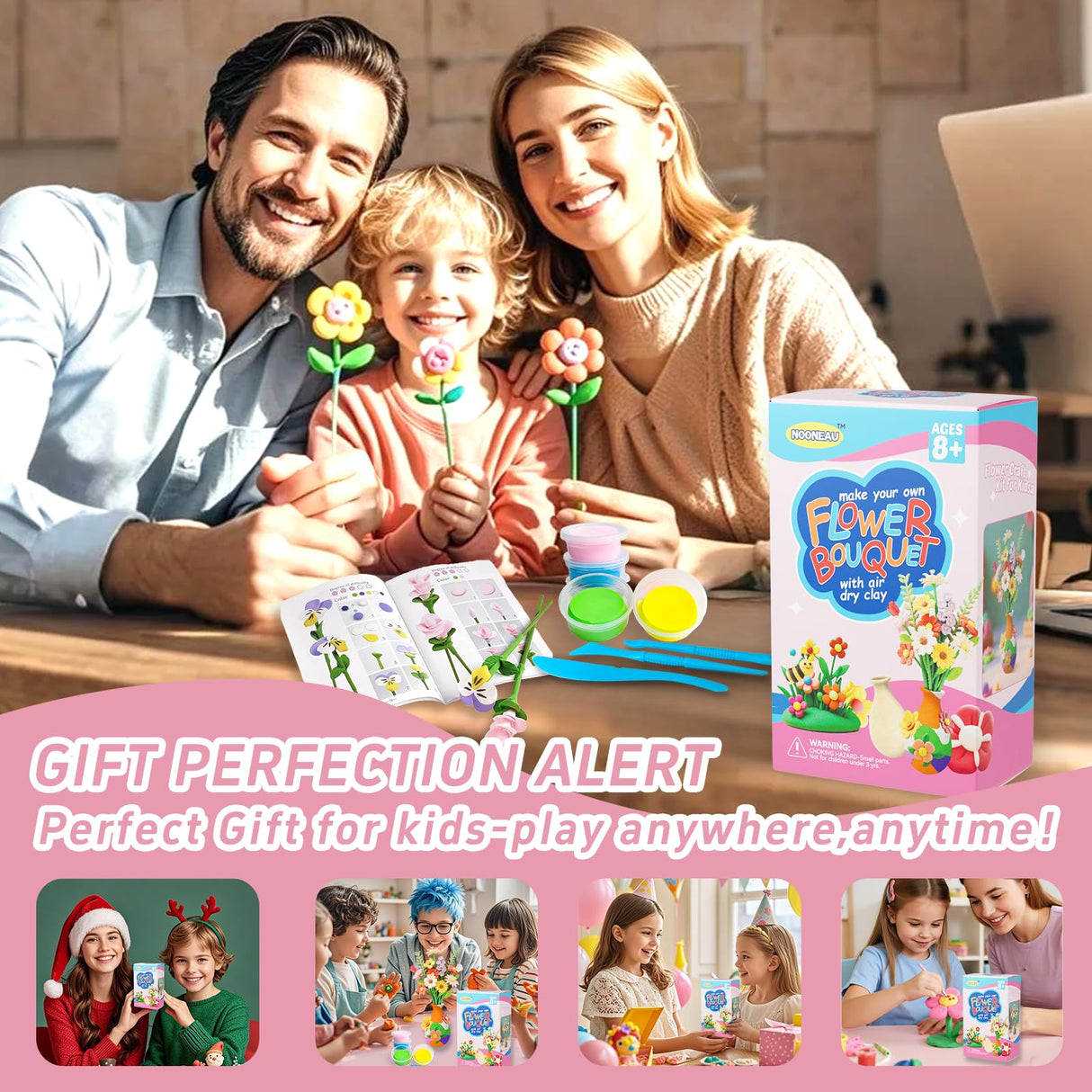 Clay Flower Craft Kit for Kids - Make Your Own DIY Air Dry Bouquet Making Set, Arrange & Create Personalized Art, Perfect Arts & Crafts Gift for Kids, Non-Toxic Modeling Clay with Tools & Guide NOONEAU