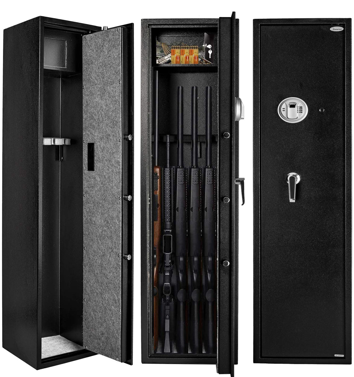 Quicktec Larger and Deeper Rifle Safe, New and Improved Gun Safe for 5-6 Rifles and Shotguns for Home, Quick Access Gun Cabinet (w or w/o Scope) with Lockbox Silent Mode Quicktec