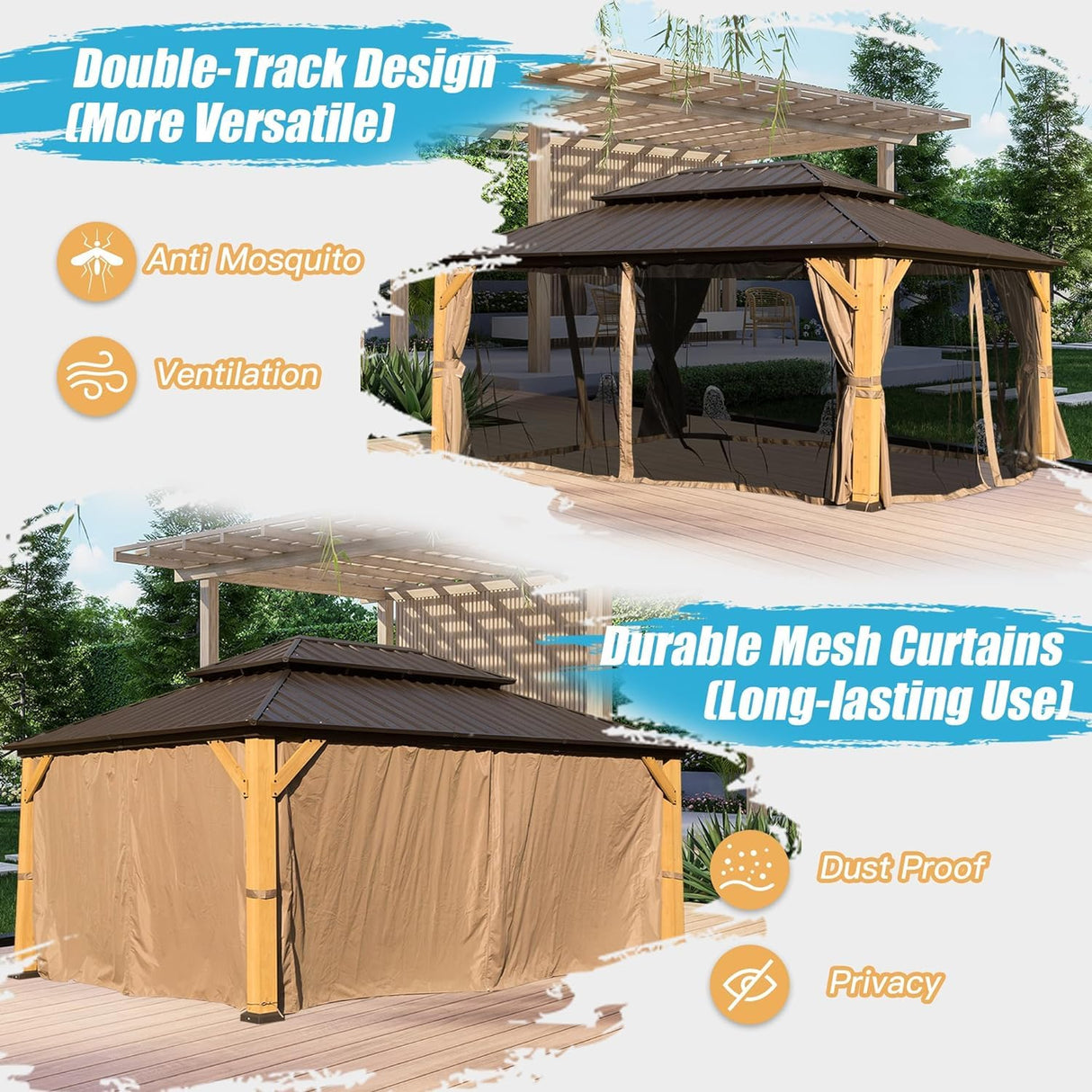 12x16ft Cedar Wood Gazebo, Solid Wood Hardtop Gazebo with Galvanized Steel Double Roof, Netting & Curtains, Outdoor Gazebo for Patio, Backyard, Deck, Lawns (Brown-07) Tdewlye