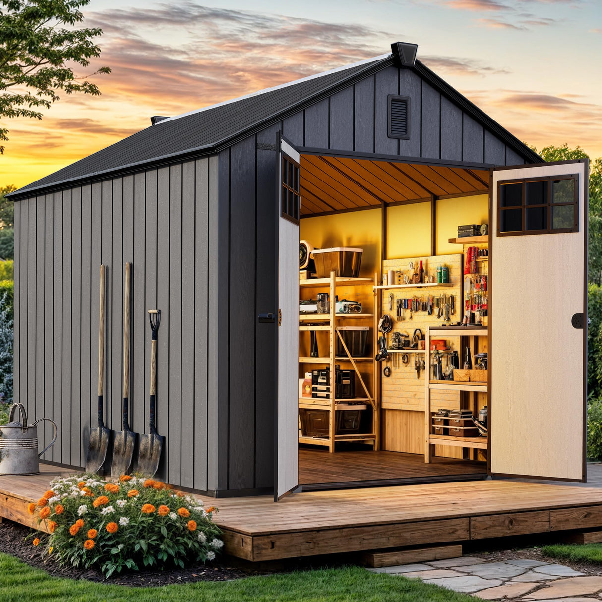 YITAHOME Outdoor Storage Shed 8x10 Ft, Plastic Storage Sheds with Floor, Lockable Doors, Windows, and Vents for Patio, Lawn, Backyard, Large Garden Storage for Bikes, Mowers, and Garden Tools, Black YITAHOME