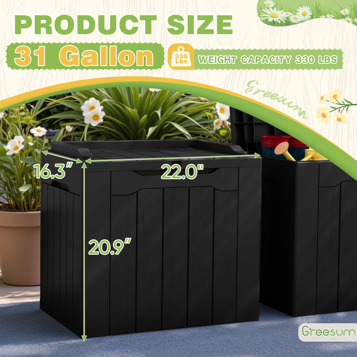 Greesum 31 Gallon Deck Box for Outside, All Weather Outdoor Storage Boxes for Patio Furniture Set, Package Delivery Box, Garden Tools, Black(Set of 2) Greesum