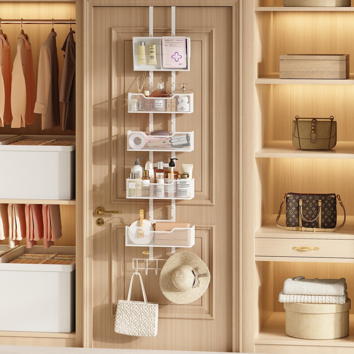 Hongtamoya Adjustable Over The Door Organizer, Hanging Door Storage with PVC Pocket and 4 Metal Baskets Wall Mount, Behind Door Rack for Bathroom Pantry Cabinet Bedroom Closet, White Hongtamoya