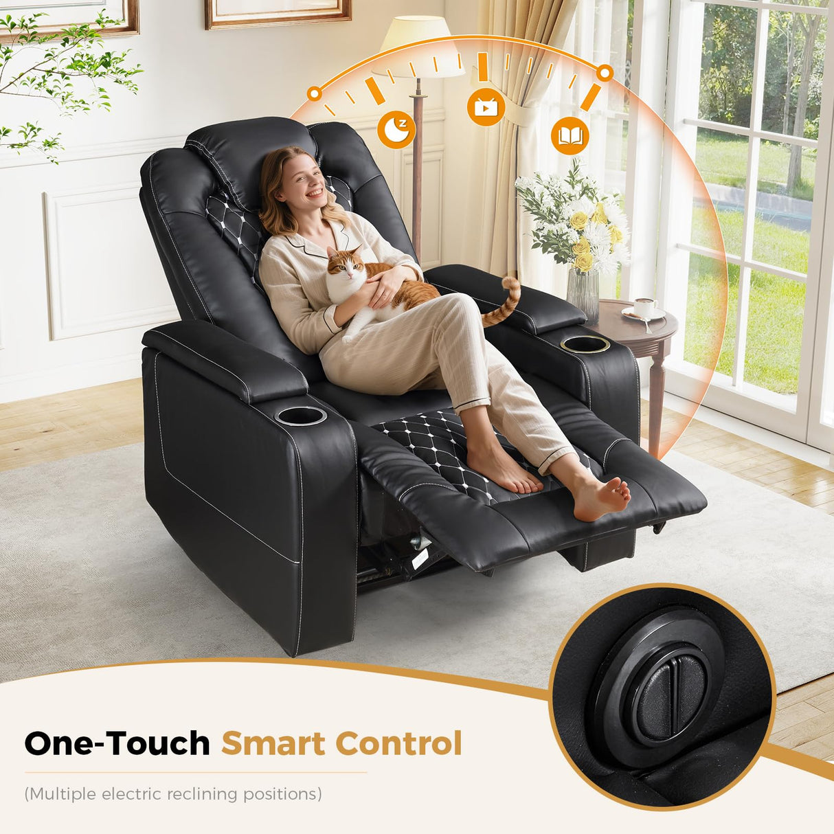 ANJ Power Recliner Chair with USB Ports and Cup Holders - Overstuffed Electric Home Theater Seating PU Leather Reclining Furniture with Hidden Arm Storage, Easy to Clean (Set of 2, Black) ANJ