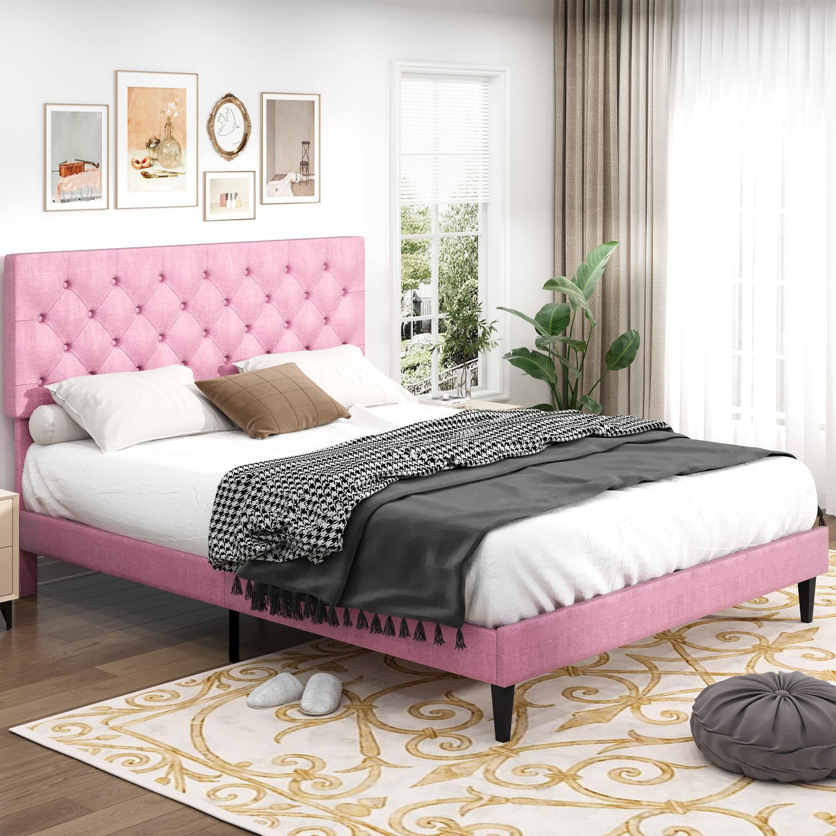 Queen Bed Frame, Upholstered Platform Bed with Button Tufted Headboard, Fabric Queen Size Beds with Wooden Slats Support, No Box Spring Required, Easy Assembly, Pink BarnFurin