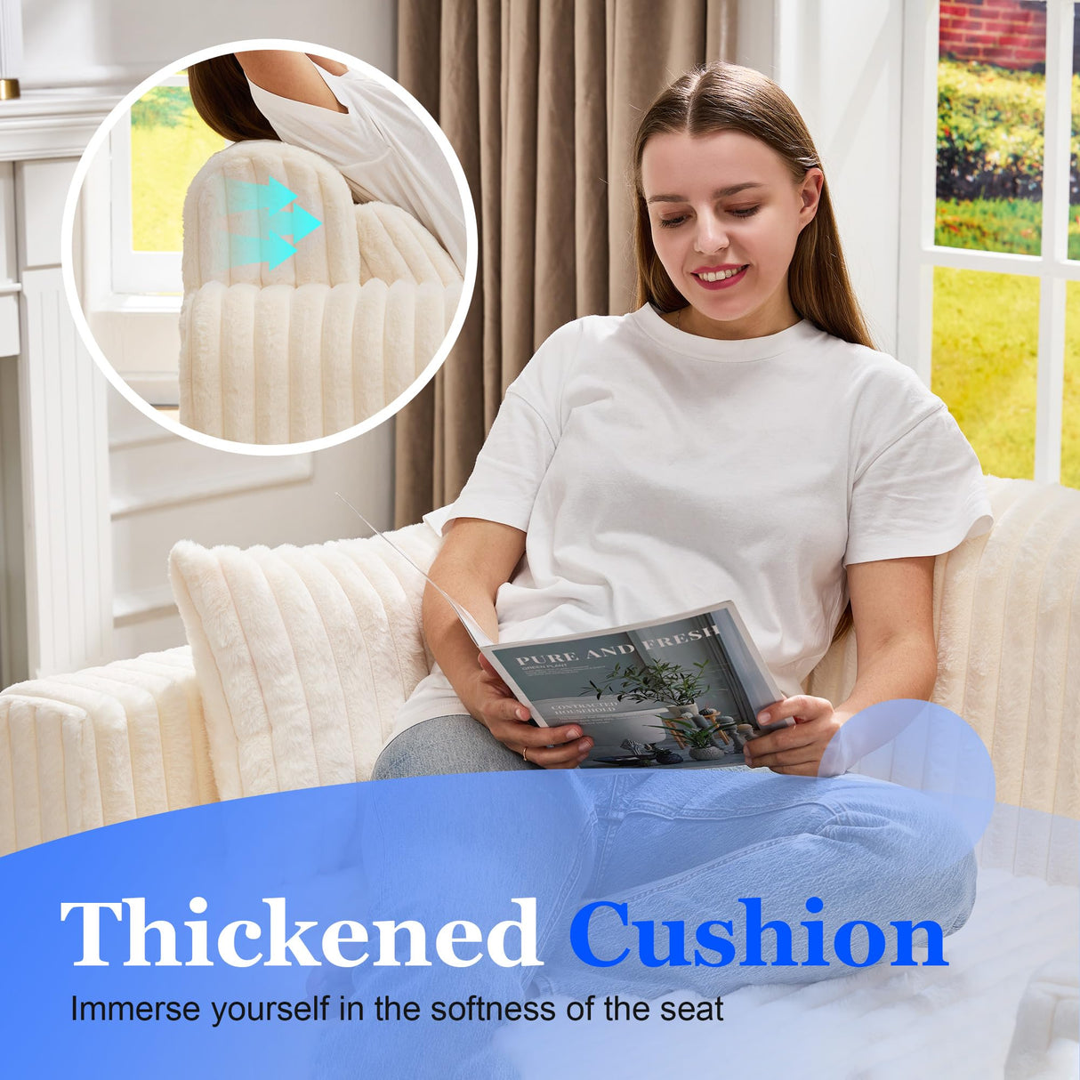 Hobestluk Couch Sofa 2-Seater Foam Sofa Loveseat for Small Spaces Comfy Sofas with Removable Cover Furry Couch with Pillows for Living Room, Bedroom, Apartment, Office (White, Loveseat) Hobestluk