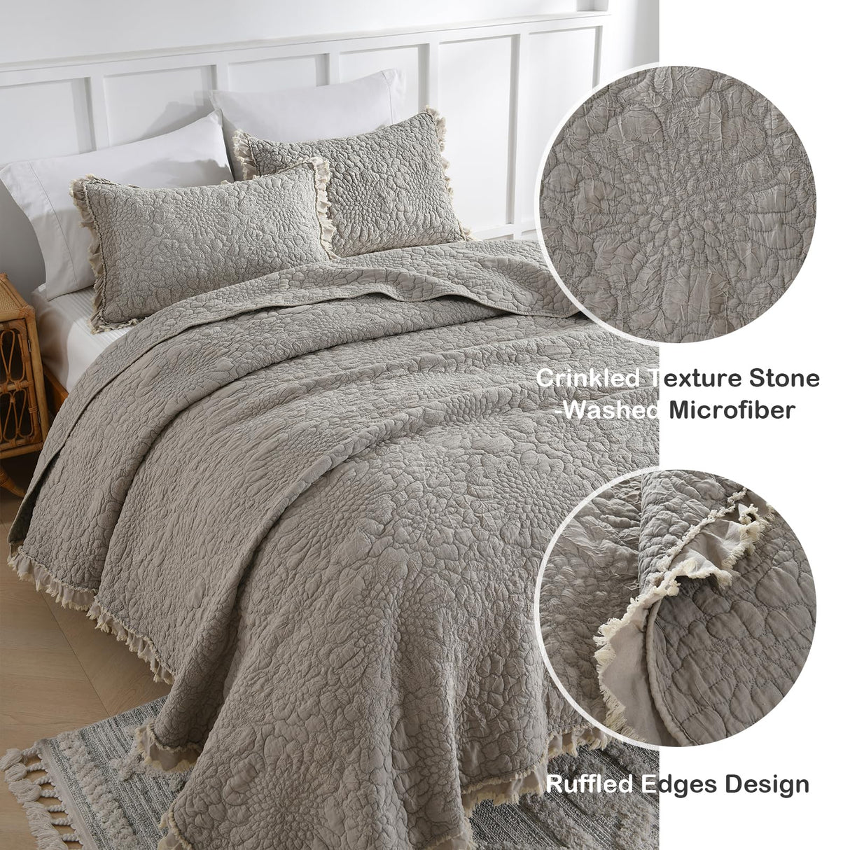 HORIMOTE HOME Beige Ruffled Quilt Queen Size, Stone-Washed Microfiber Lightweight Crinkled Farmhouse Rustic Shabby Chic Bedding Set, 3 Pieces Reversible Bedspread with Pillow Shams for All Season HORIMOTE HOME
