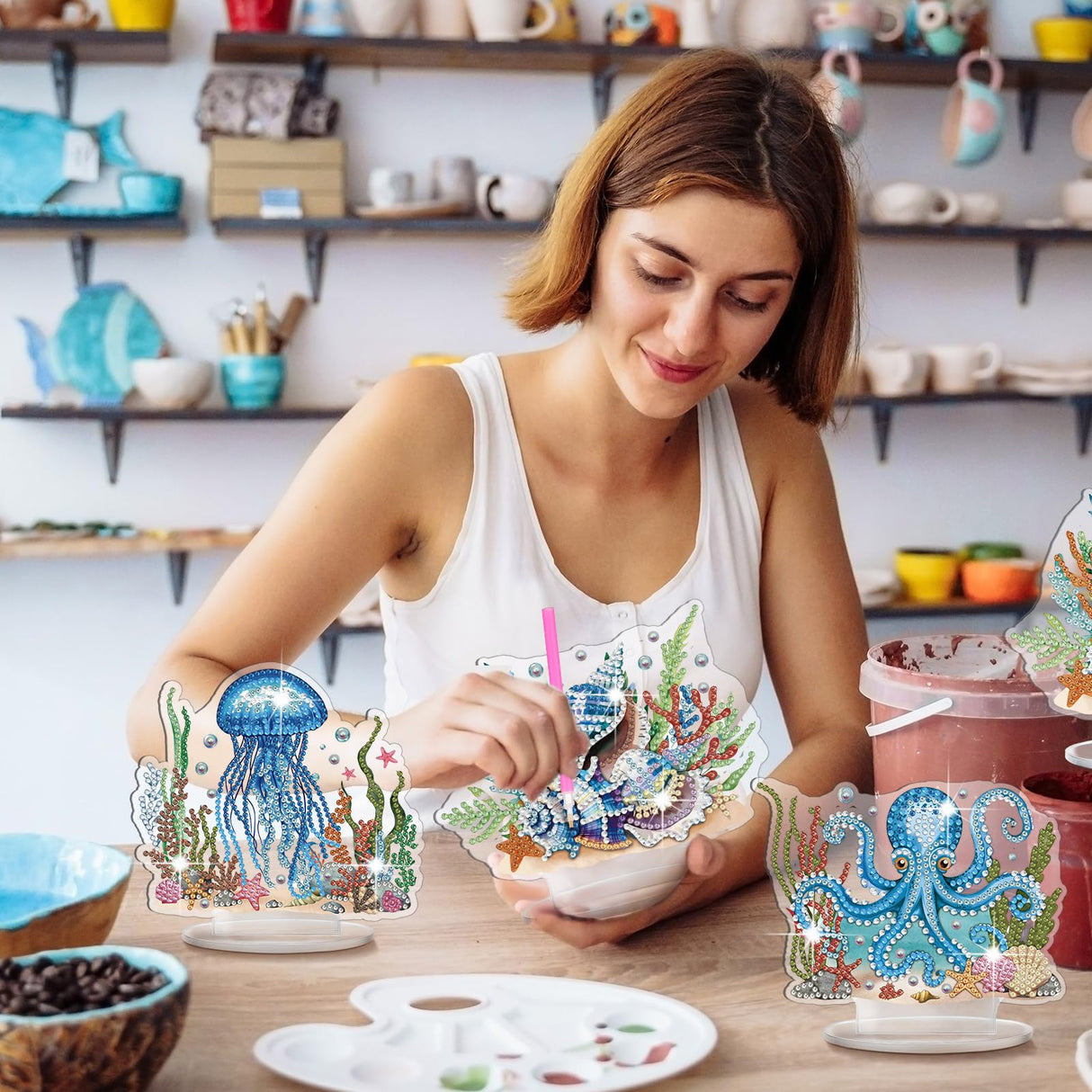 Cinnvoice 6 Pcs Ocean Animal Diamond Art Tabletop Decorations Sea Animal Centerpieces Octopus DIY Diamond Art Turtle Desktop Ornaments for Table Tabletop Decor Cinnvoice