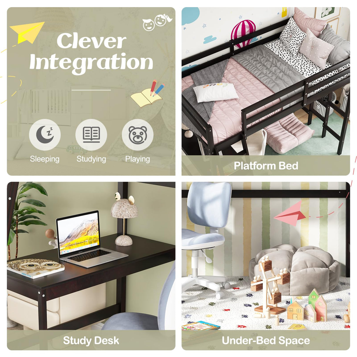 KOMFOTT Solid Wood Twin Loft Bed with Integrated Desk and Dual Ladders KOMFOTT