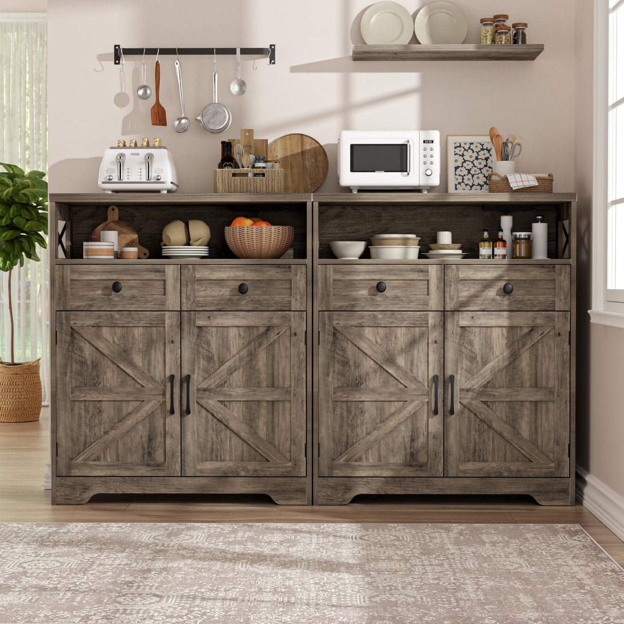 31.5" Rustic Grey Farmhouse Storage Cabinet with Barn Doors and Drawers, Sideboard Buffet Cabinet with Storage, Kitchen Pantry Hutch Cabinet, Coffee Bar Station Table for Kitchen, Livingroom, Bathroom FiveWillowise