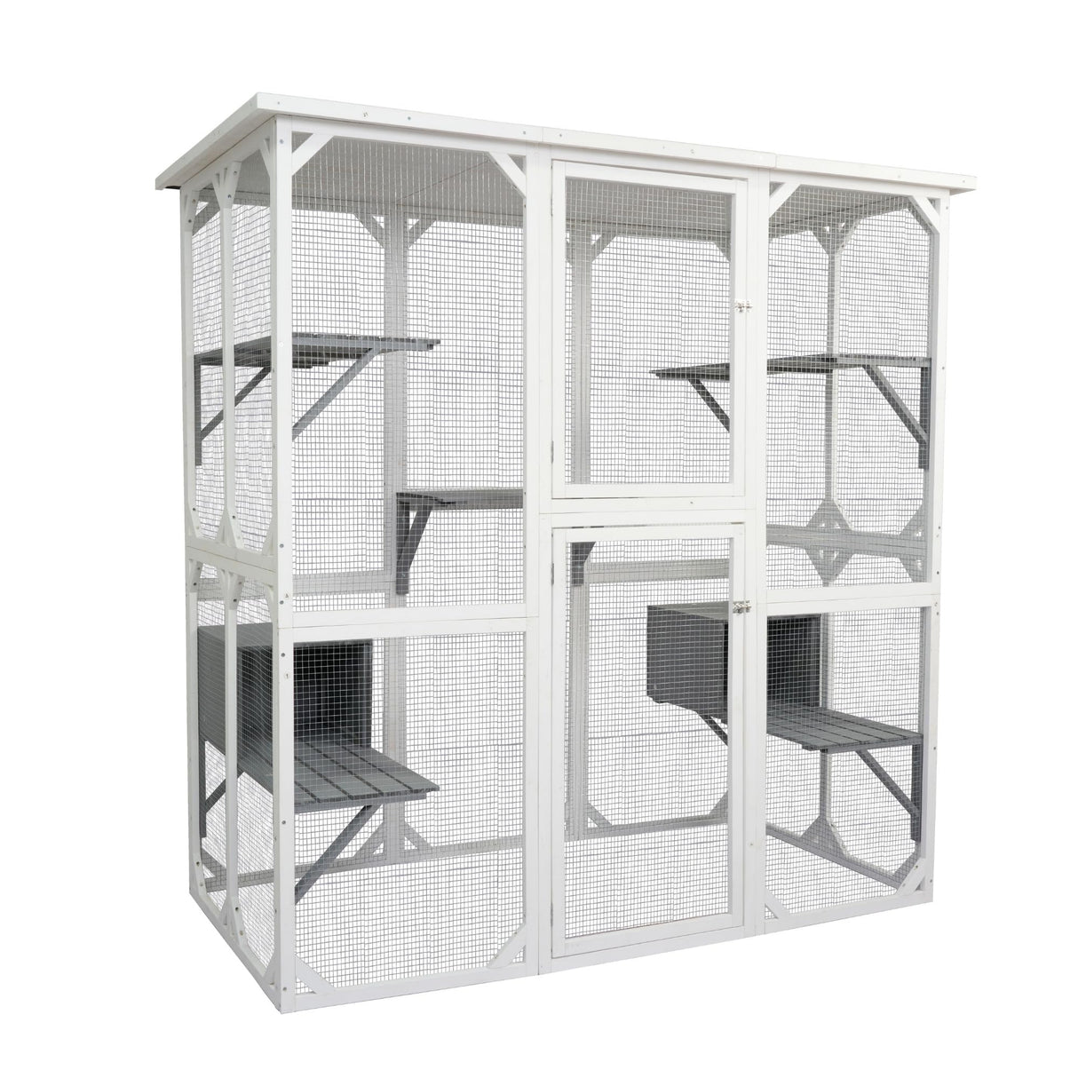 Catio Outdoor Wooden Cat Enclosure, 71" Outdoor Cat House Weatherproof Asphalt Roof, Large Solid Wood Cat Cage with 5 Jumping Platforms & 2 Napping Houses, Walk-in Cat Kennel Condo Shelter White ShiningLove