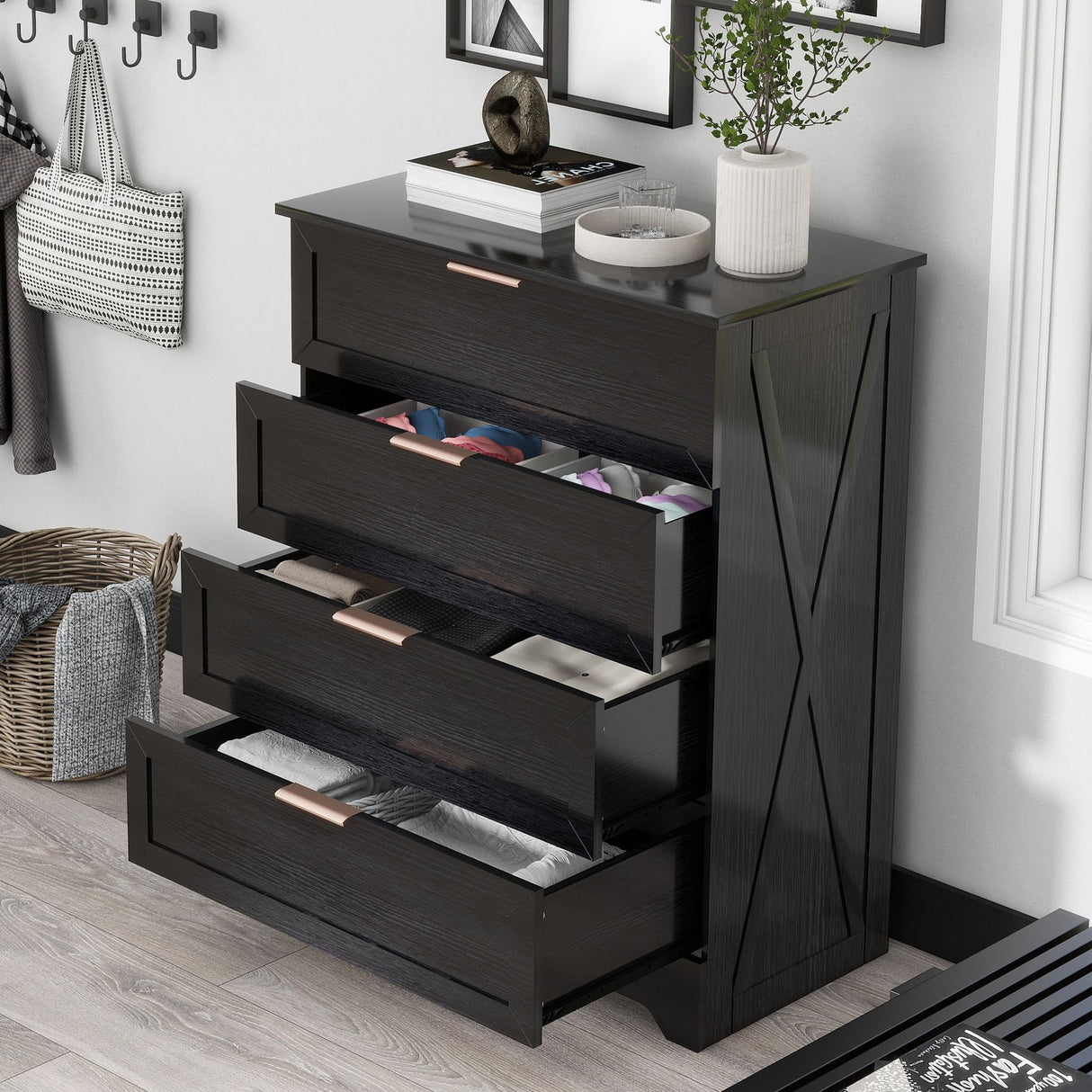 FTZxHKLX Modern 4 Drawer Dresser for Bedroom, Tall Bedroom Dresser with Large Drawer & Rose Gold Handles, Wooden Storage Organizer Cabinet Chest of Drawer for Closet, Living Room, Hallway, Black FTZxHKLX