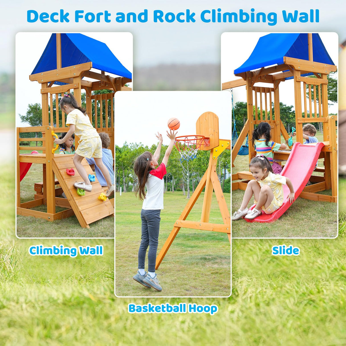 SuniBoxi Kids Swing Sets for Backyard, Wooden Playground Sets for backyards with a Wave Slide, Rock Climbing Wall, 2 Swings, and More,6-in-1 Outdoor Playset SuniBoxi