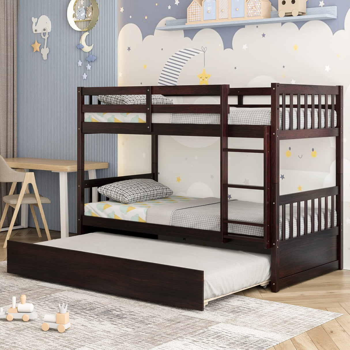 Giantex Twin Over Twin Bunk Bed with Trundle, Convertible Platform Bed Frame with Ladder & Solid Wood Frame, Space-Saving Bunk Bed for Teens & Adults, No Box Spring Needed, Espresso Giantex