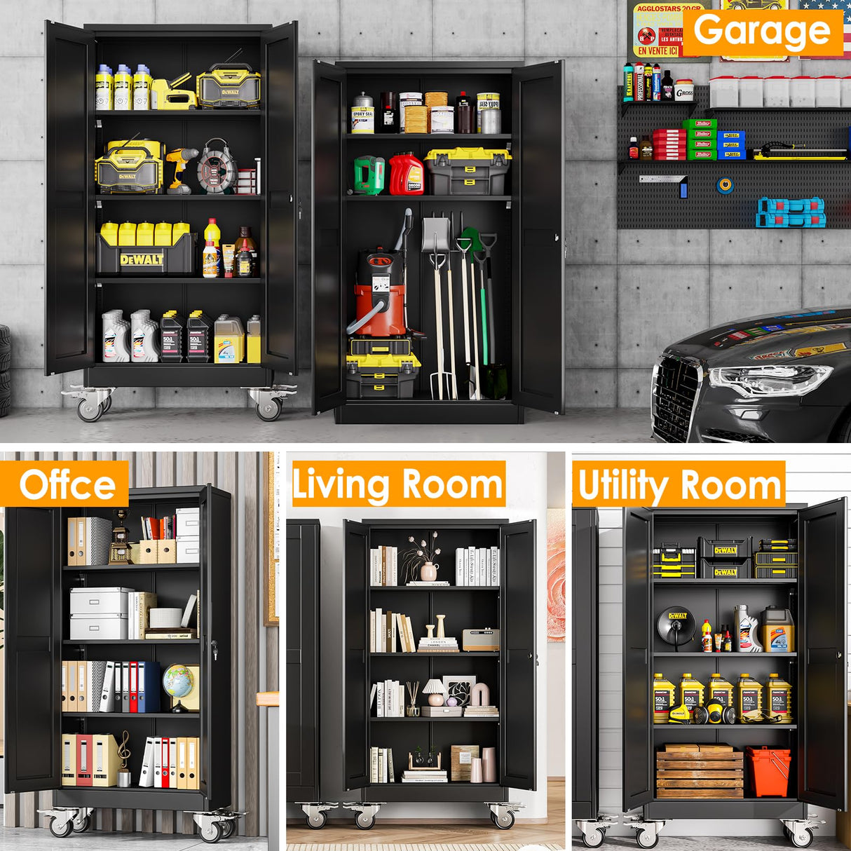 PAOFIN 61''H Metal Garage Storage Cabinet with Wheels,Steel File Cabinets with 2 Doors and 3 Adjustable Shelves for Home Office, Warehouse, Required Assembly,Black PAOFIN