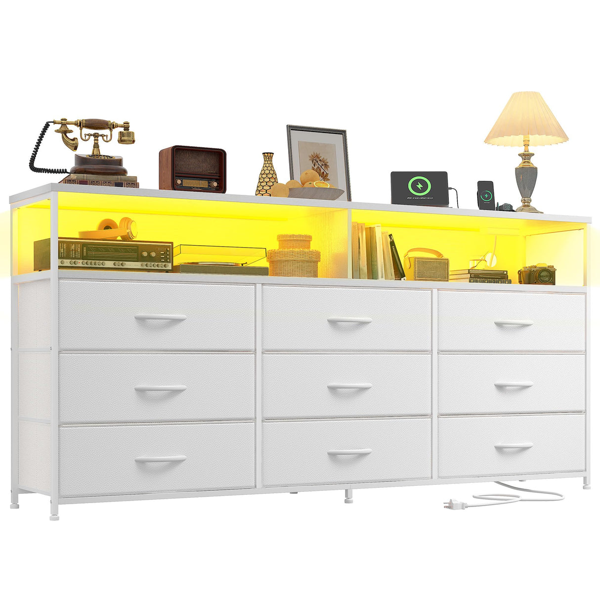 Romorgniz 55" W White Dresser for Bedroom with 9 Drawers, LED TV Stand with Power Outlets for 45, 55, 65 Inch TV, Sturdy Long Chest of Drawers with Extra 2 Wooden Shelves, 55.1" W x 35.4" H x 11.8" D Romorgniz