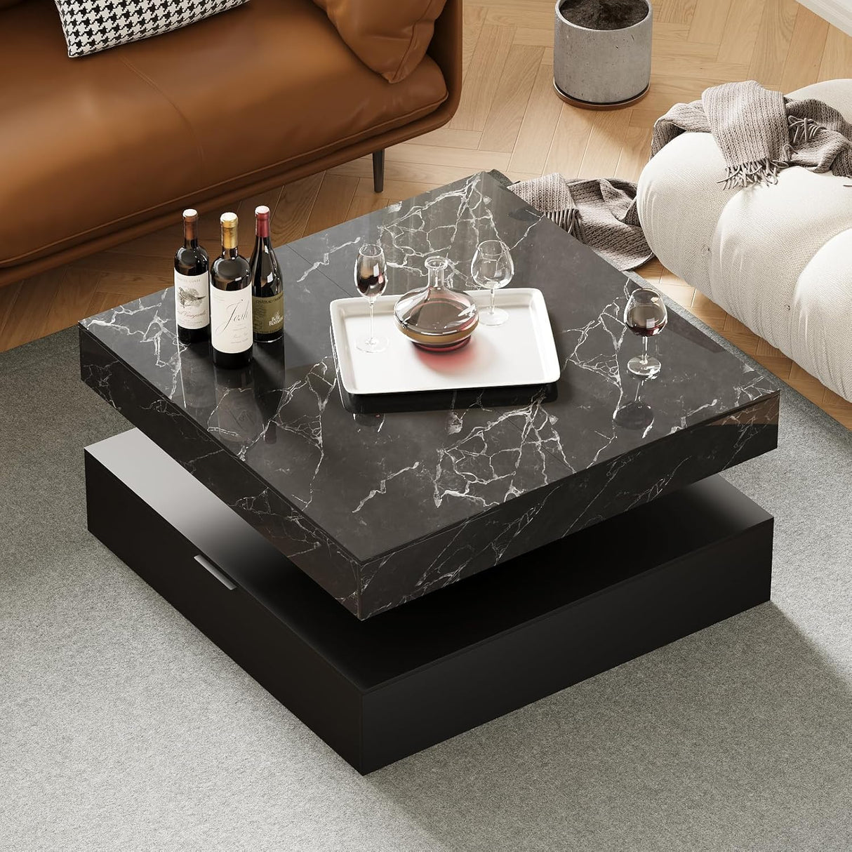 Square Coffee Table with LED Lights – 2-Tier High Gloss Minimalist Design, 30.7-Inch Modern Center Table with Storage and Drawer – Wooden Coffee Table for Living Room, Home, and Office GOFEI