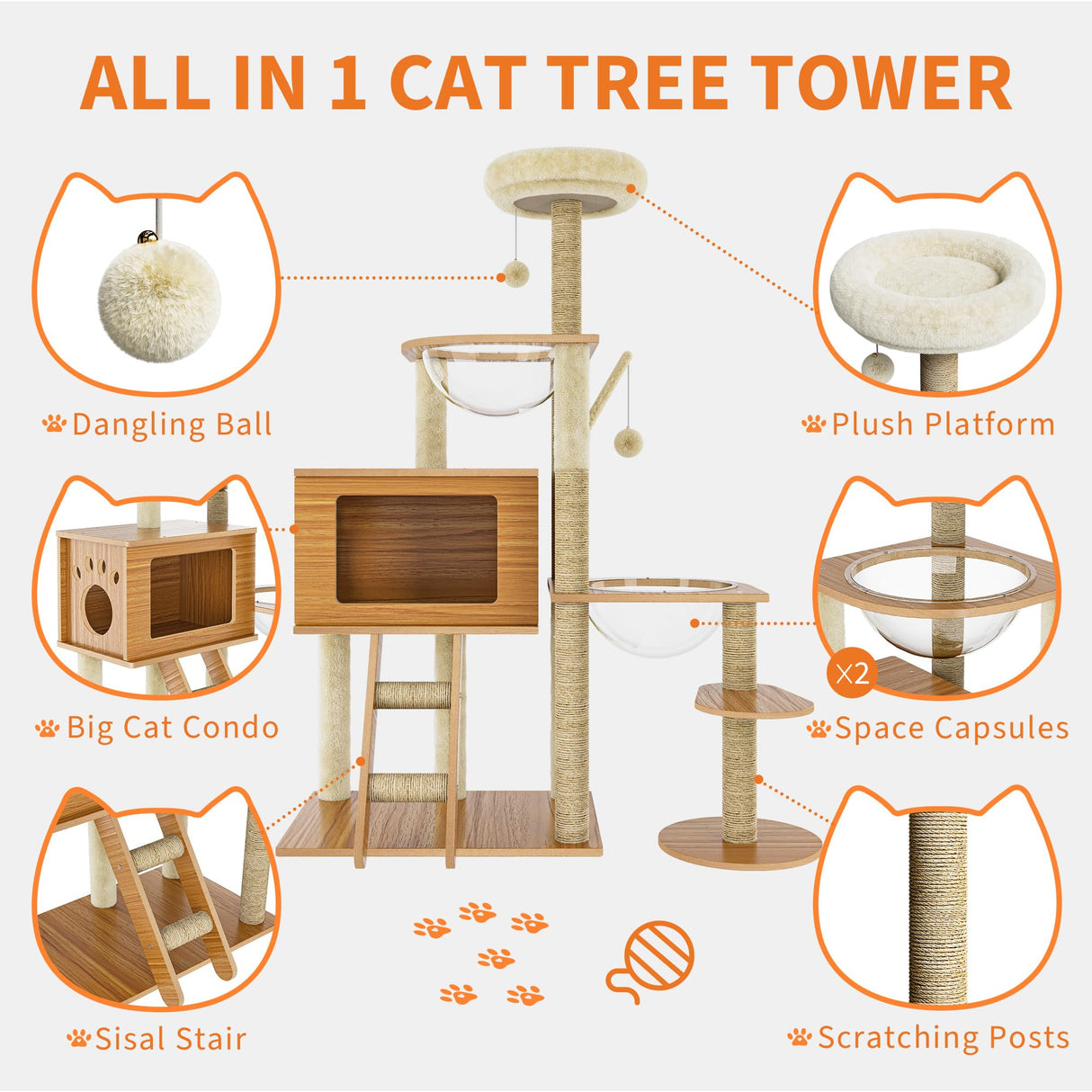 55'' Wood Cat Tree Modern Multi-Level Cat Tree Tower for Indoor Small & Large Cats with 2 Space Capsules Sisal Scratching Post Wooden Cat Condo Plush Top Perch and Dangling Toy Balls OUTGOODS