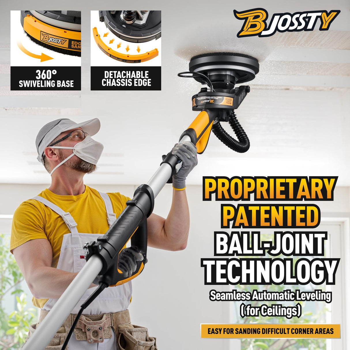 Drywall Sander with Vacuum Dust Collector, High Power 7-AMP Electric Sander for Drywall, 99% Dust Removal, 7 Variable Speed 900-1800RPM, Dustless Wall Sander for Drywall, Popcorn Ceiling etc BJOSSTY