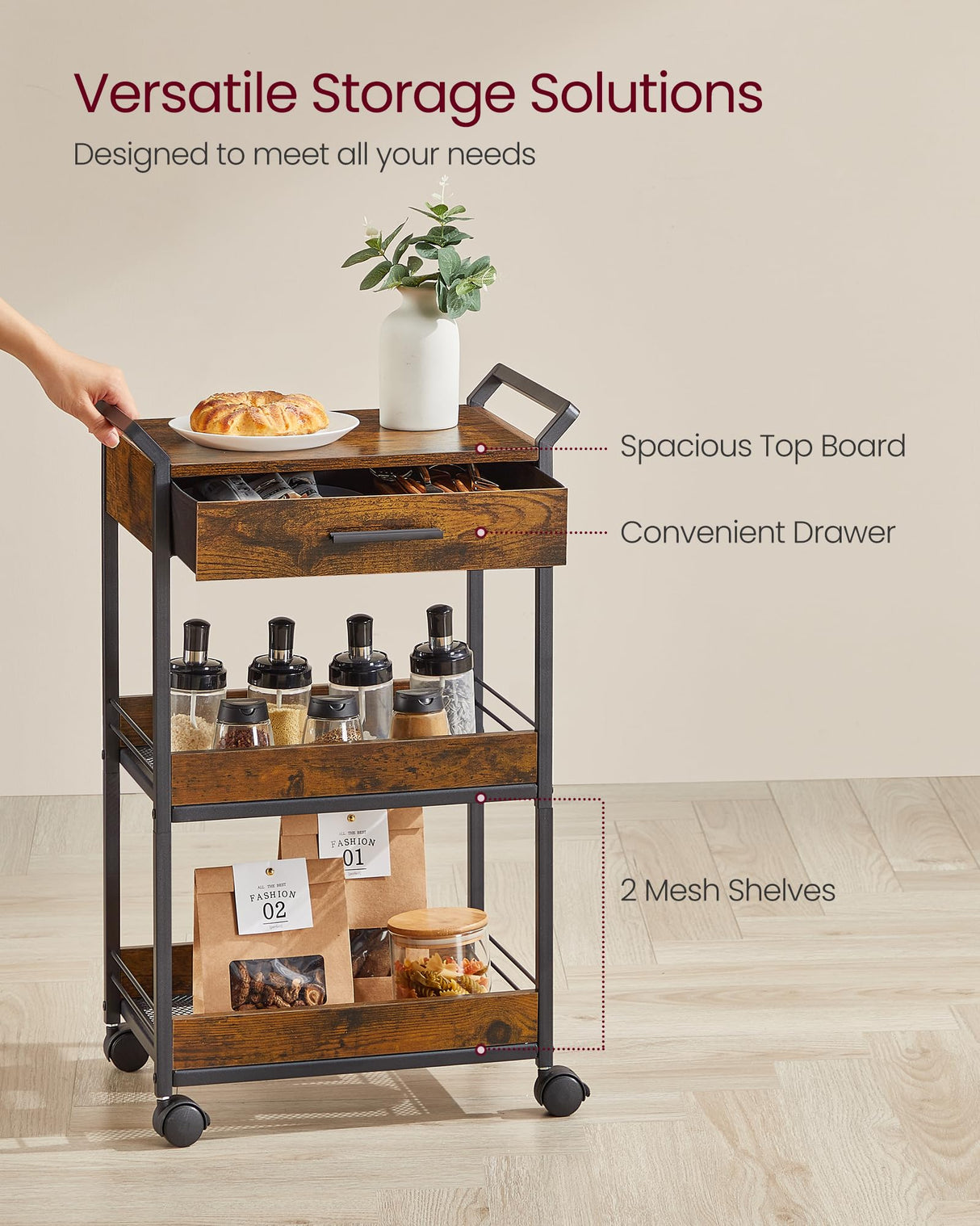 VASAGLE Storage Cart, 3-Tier Rolling Utility Cart with Table Top, Handles, 4 Lockable Casters, Top Drawer, Mesh Shelves, for Kitchen, Bathroom, Bedroom, Rustic Brown and Ink Black ULRC048K01 VASAGLE
