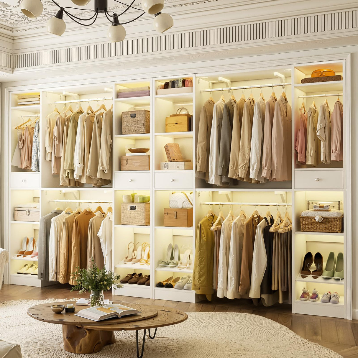 Unikito 10-15FT Closet Systems, Large Wood Walk in Closet Organizer with Hanging Rods and Drawers, Heavy Duty Closets Wardrobe with Shoe Rack, Sturdy Reversible Clothes Closet Kit, White, Set of 2 Unikito