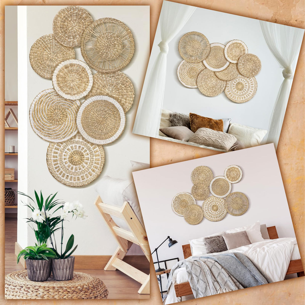 Xuhal Set of 8 Hanging Woven Wall Basket Handmade Decorative Rustic Boho Basket Decor Handcrafted Wicker Round Seagrass Wall Art for Home Kitchen Farmhouse Table Living Room Xuhal