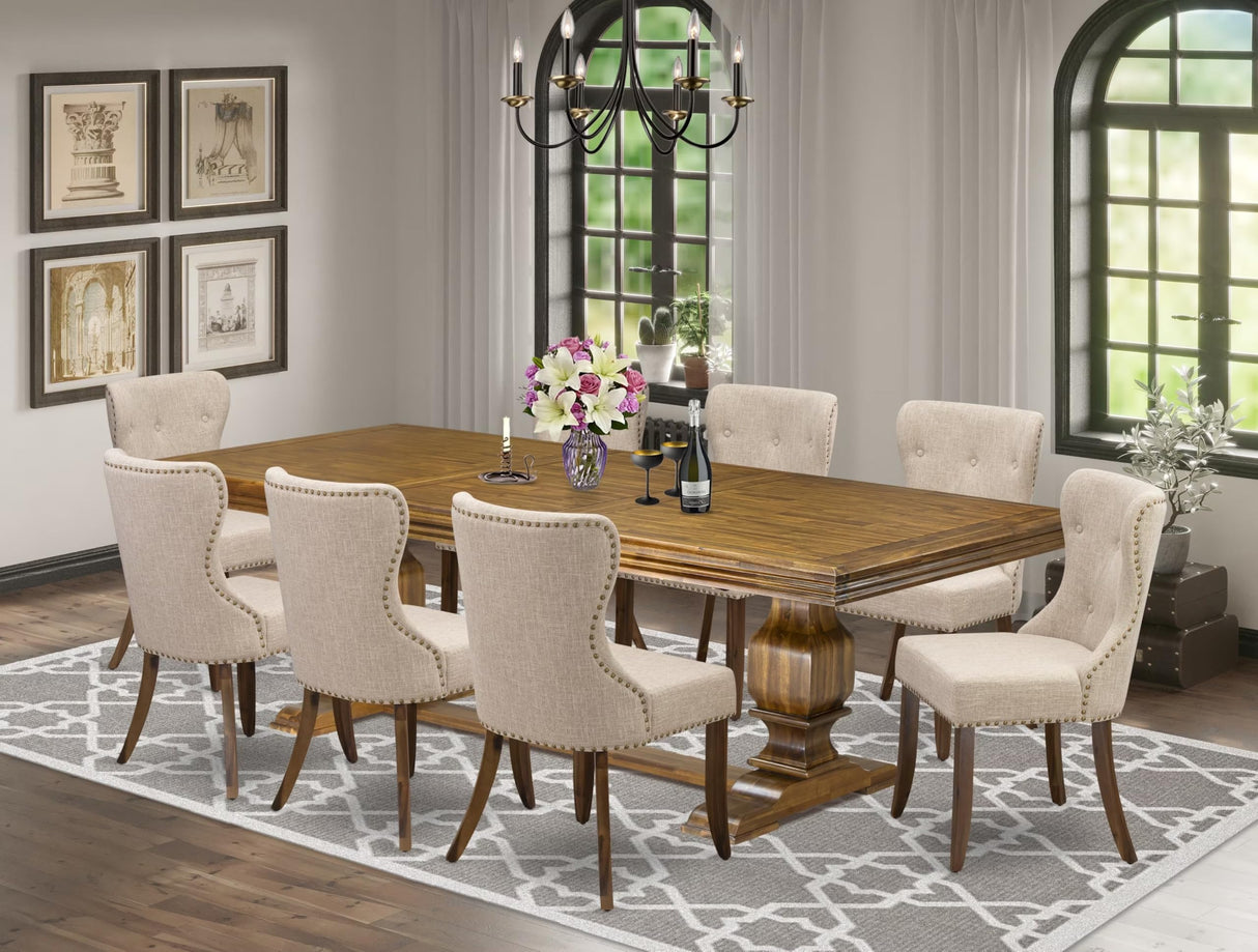 Luxe by East West Furniture NKSI9-AWA-04 9-Piece Dining Table Set Consists of a Dining Table and 8 Light Tan Linen Fabric Kitchen Chairs with Button Tufted Back - Antique Walnut Finish Luxe by East West Furniture
