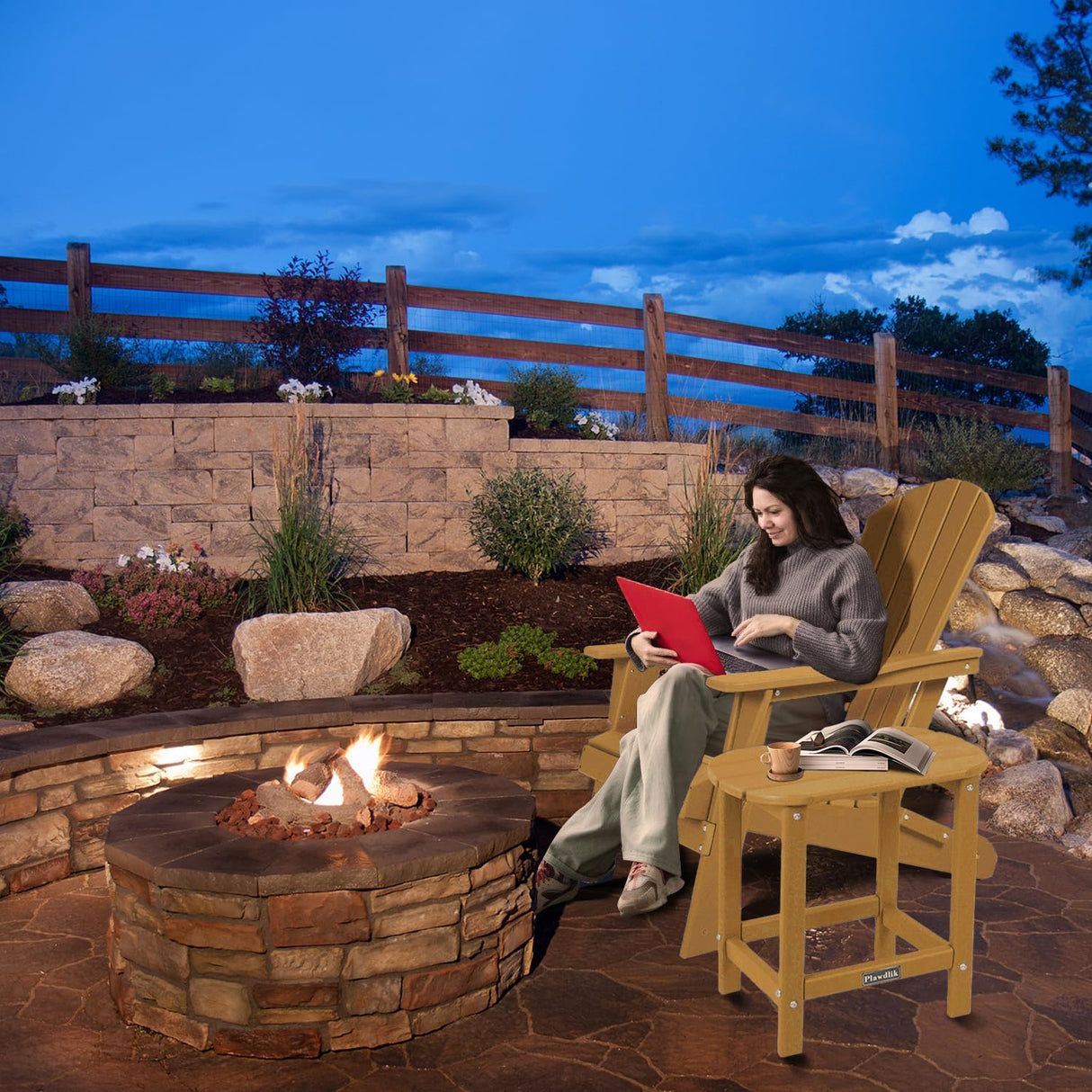 Plawdlik Folding Adirondack Chair, SGS Tested, Wooden Textured with Cup Holder, Heavy All-Weather HDPE Comfortable Set Poolside Backyard Lawn Teak Plawdlik