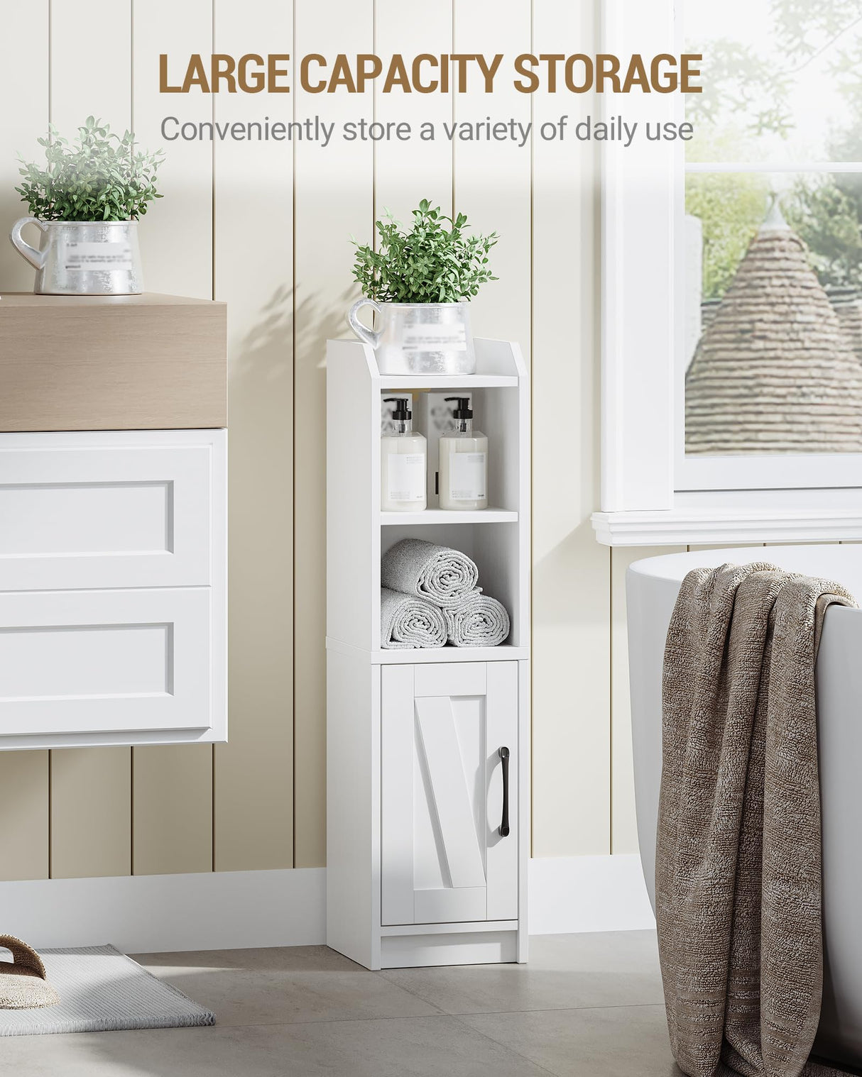 Hzuaneri Bathroom Storage Cabinet, Small Farmhouse Corner Floor Cabinet with Door and Shelves, Narrow Toilet Paper Holder Stand, Bathroom Organizer with Adjustable Shelf, for Small Spaces, White Hzuaneri