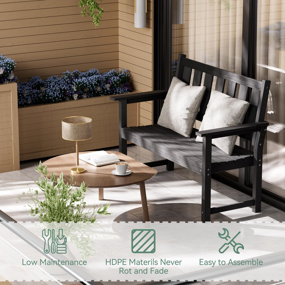 ACUEL HDPE Memorial Bench – 50'' Weatherproof Durable Outdoor Bench, 2-Person Park Bench, Easy to Move, Multi-Purpose Design Ideal for Porch, Patio, Church, and School (Black) ACUEL