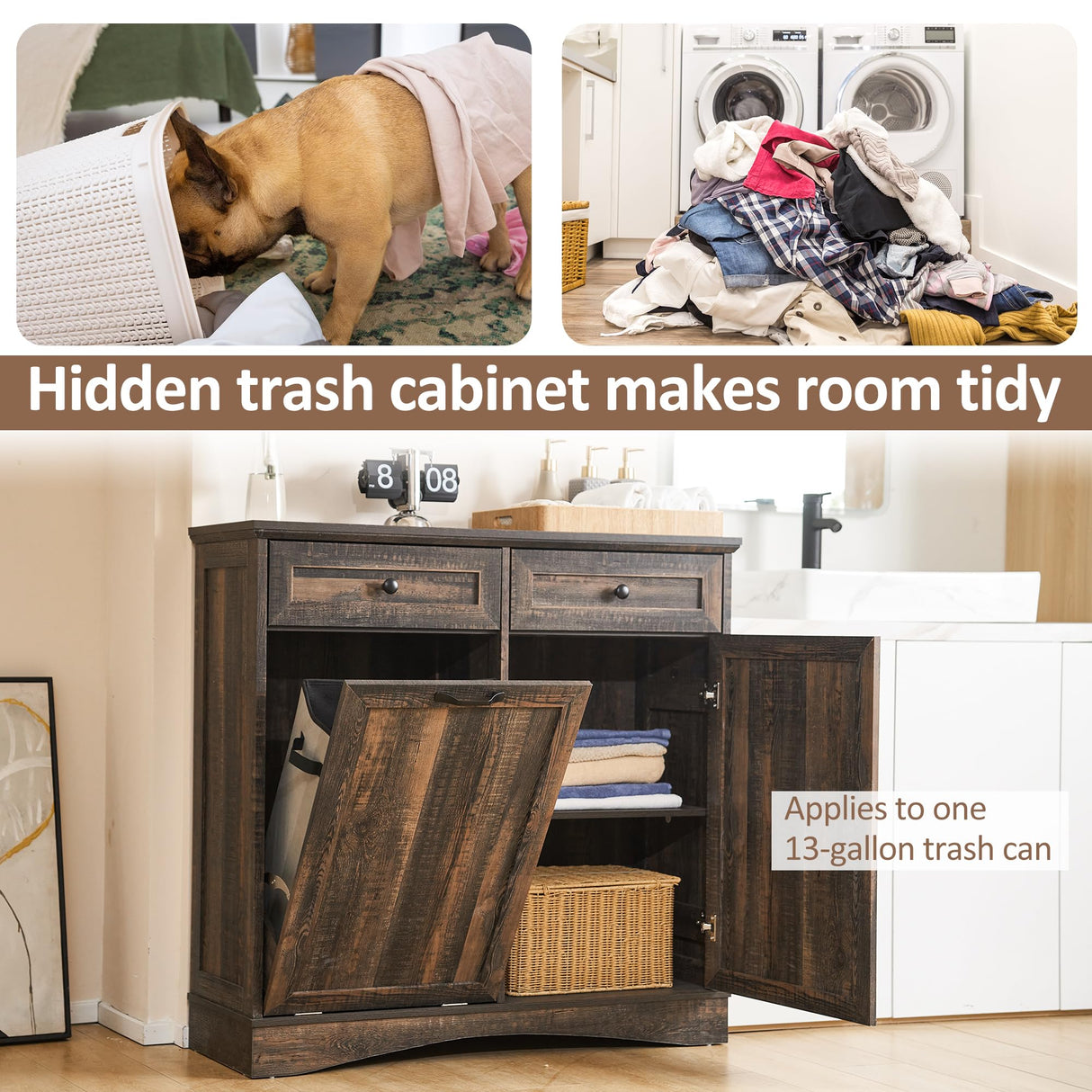 AHB 13 Gallon Tilt Out Trash Cabinet Free Standing Trash Bin Holder Recycling Cabinet with Hideaway Drawers, Pet Proof Garbage Can Cabinet for Kitchen Living Room, Rustic Brown AHB