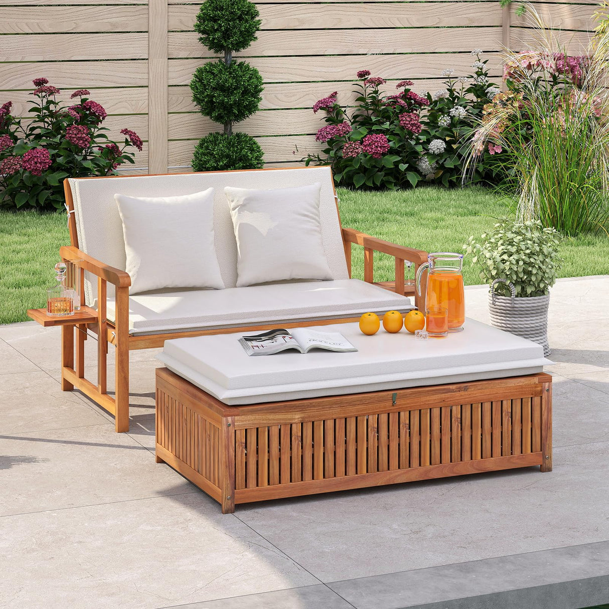 LDAILY Moccha Acacia Wood Outdoor Daybed - Wooden Loveseat Sofa with 4-Level Backrest, Storage Ottoman, Cushions, Outside Sunbed, Double Bed Lounger for Backyard Porch Pool Patio Furniture Set LDAILY