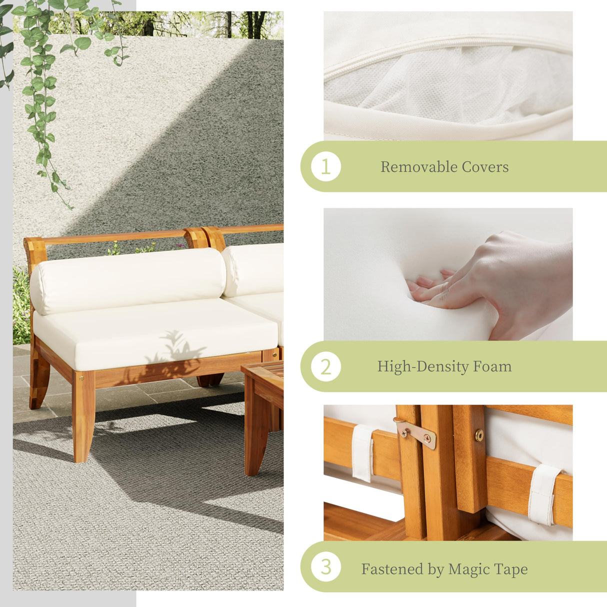 Merax 6 Pieces Patio Furniture Set, Outdoor L-Shaped Sectional Sofa Set with Coffee Table, Acacia Wood Conversation Seating & Cushions and Lumbar Pillows, for Garden, Poolside and Backyard, Teak+Beige Merax