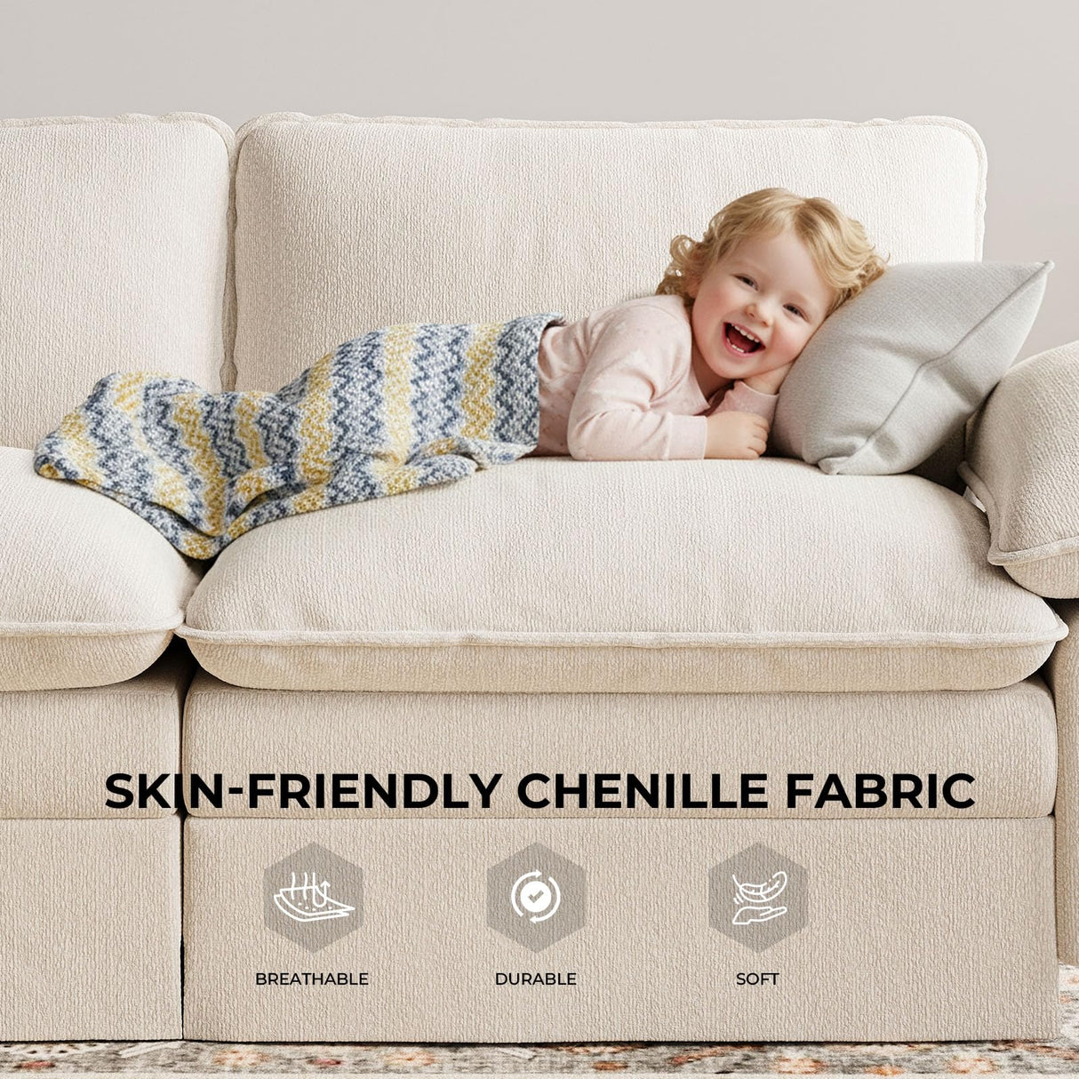 TROMIRY 110" Cloud Couch for Living Room Fluffy Comfy Couches for Apartment | 3 Seater Sectional Couch with Ottoman | Ivory White TROMIRY