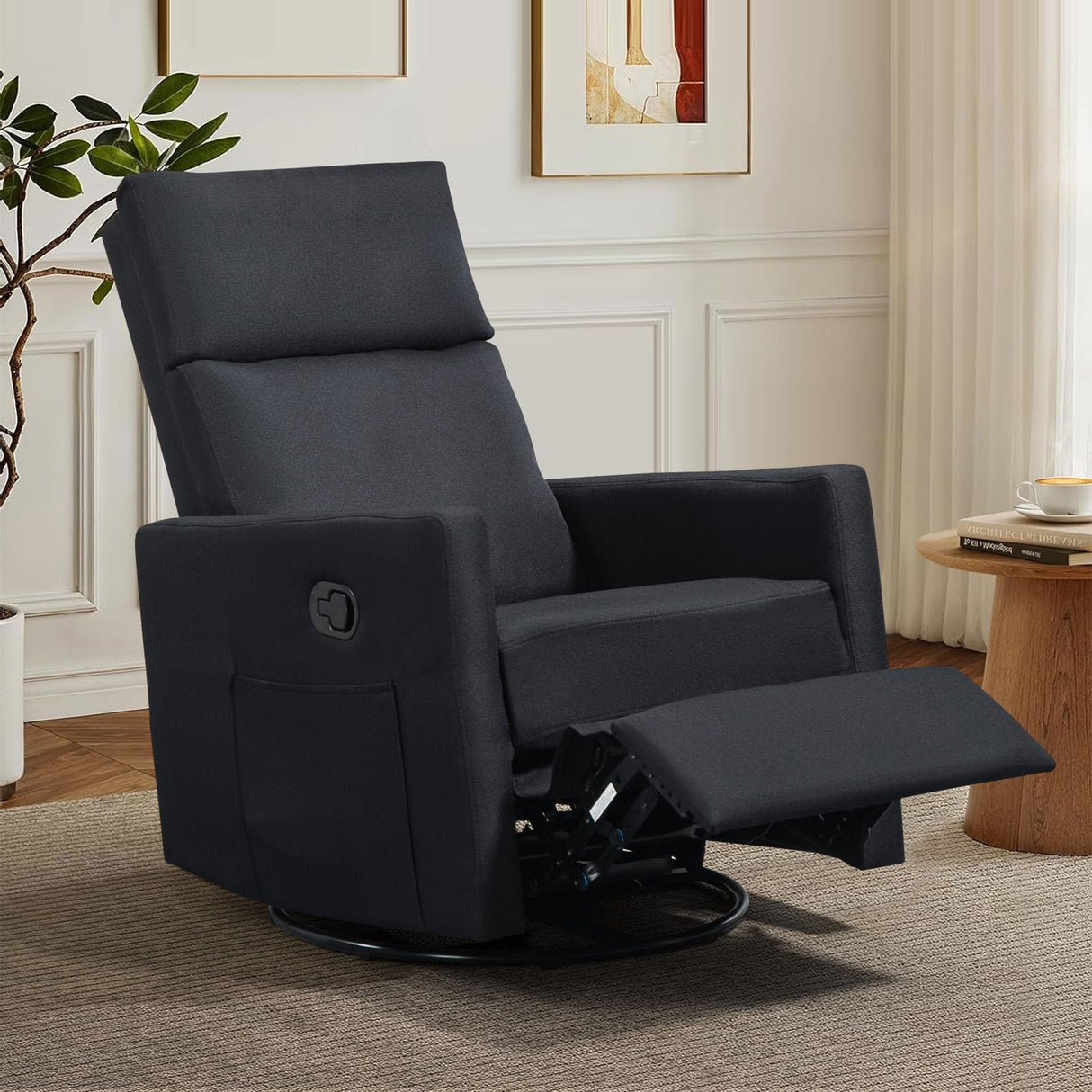 LONWIK Swivel Rocker Recliner Chairs Set of 2, Upholstered Fabric Nursery Rocking Glider Chair with Adjustable Backrest and Footrest, Lay Flat Recliner Single Lazy Sofa for Living Room(Black) LONWIK