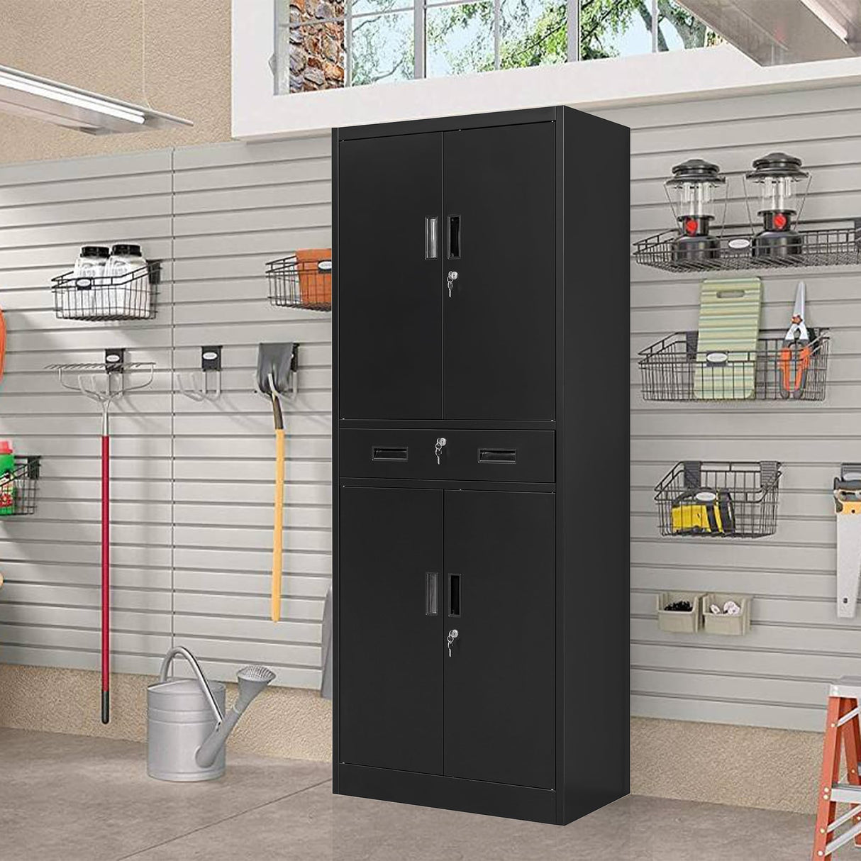 Wanfu Metal Storage Cabinet, 71" H x 28" W x 16" D Locking Storage Cabinet with Adjustable Shelves and One Drawer, Steel Cabinet for Office, Garage, Home, School, Utility (Black) Wanfu