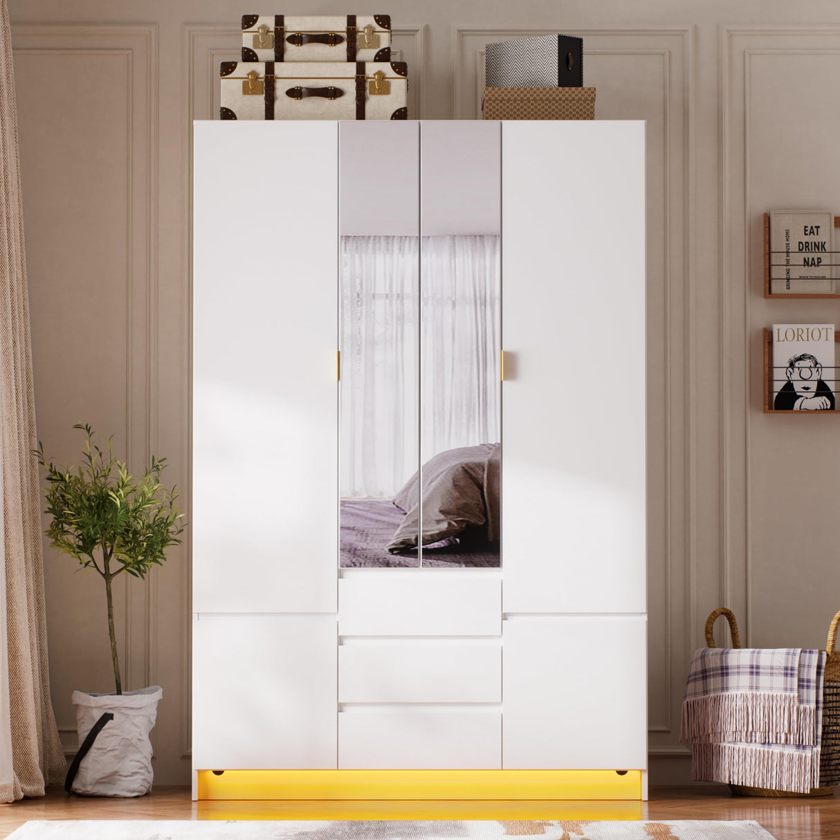 PAKASEPT 4 Doors Armoire Wardrobe Closet with Led Light & Mirror, Bedroom Large Capacity Freestanding Armoire Wardrobe with Drawers, Storage Cabinet with Hanging Rod Storage Closet for Bedroom PAKASEPT