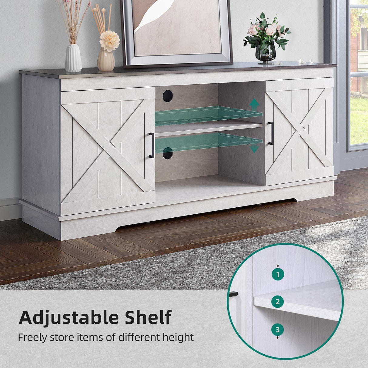 YITAHOME TV Stands for TV up to 65 Inch, Farmhouse Entertainment Center with Double Barn Doors & Storage Cabinets, Rustic TV Cabinet Media Console Table for Living Room, 59 Inches, Grey White/Espresso YITAHOME