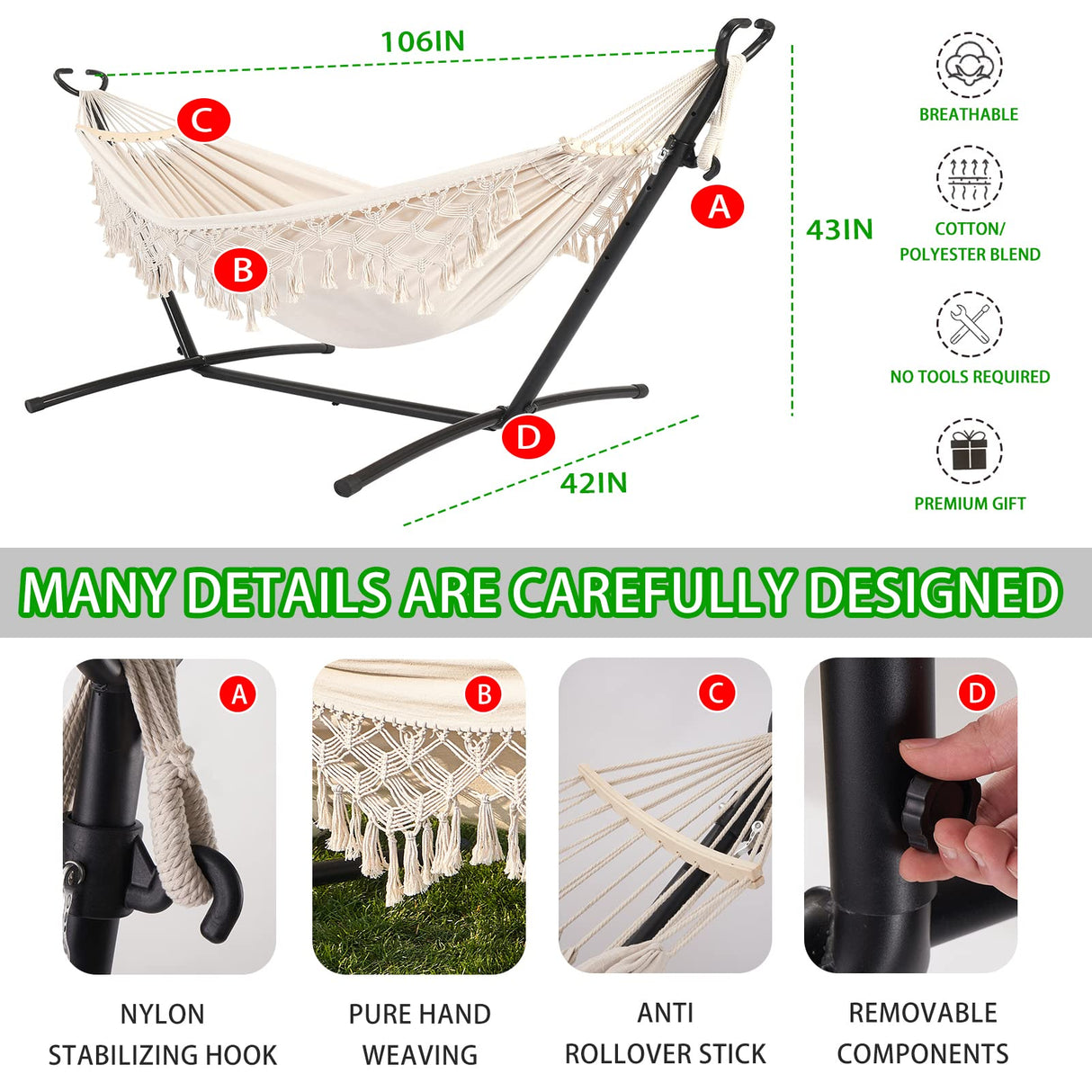 SXSEAGLE Double Hammock with Stand Upgraded Phone Holder Portable Heavy Duty Stainless Steel Indoor Outdoor Patio Yard Beach with Carrying Case (2022 Beige) SXSEAGLE