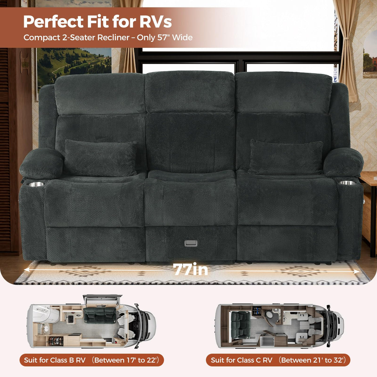 ABCASA 3 Seater Recliner Sofa, Manual Reclining Couch with Flip Middle Backrest, Phone Holder, Side Pocket, Drawer, Power Outlet, Reclining Sleeper for Living Room, Home Theater & RV (Textile - Gray) ABCASA