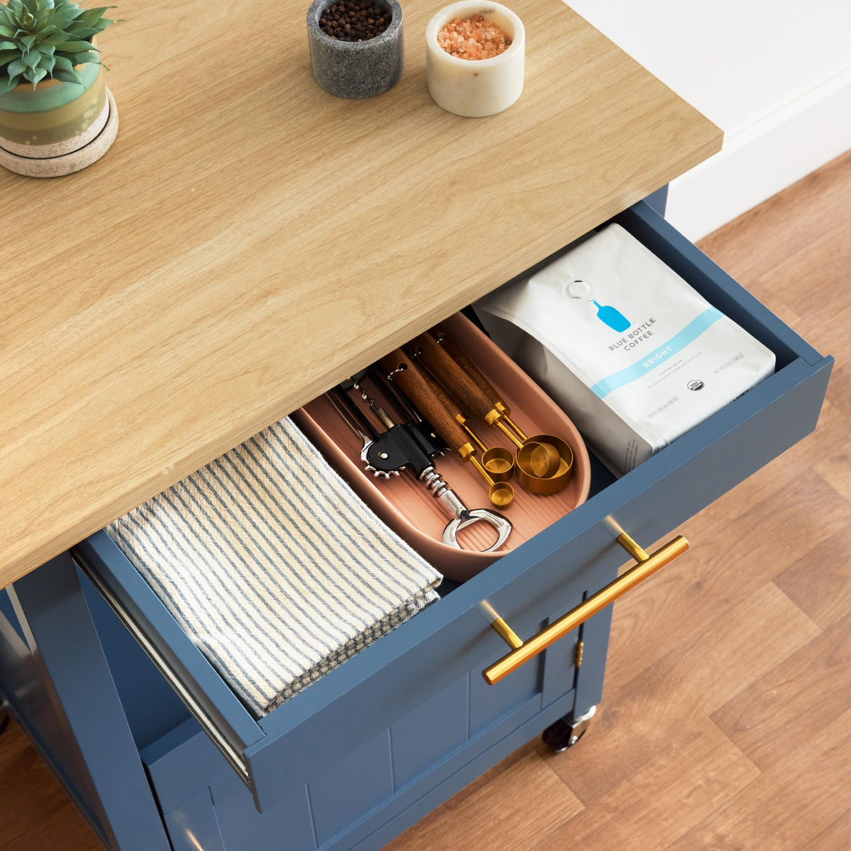 Best Choice Products Rolling Kitchen Island Cart, Single Door Cabinet w/Drawer, Sliding Tray, Hidden Outlet, Hooks, & Lockable Wheels - Slate Blue Best Choice Products