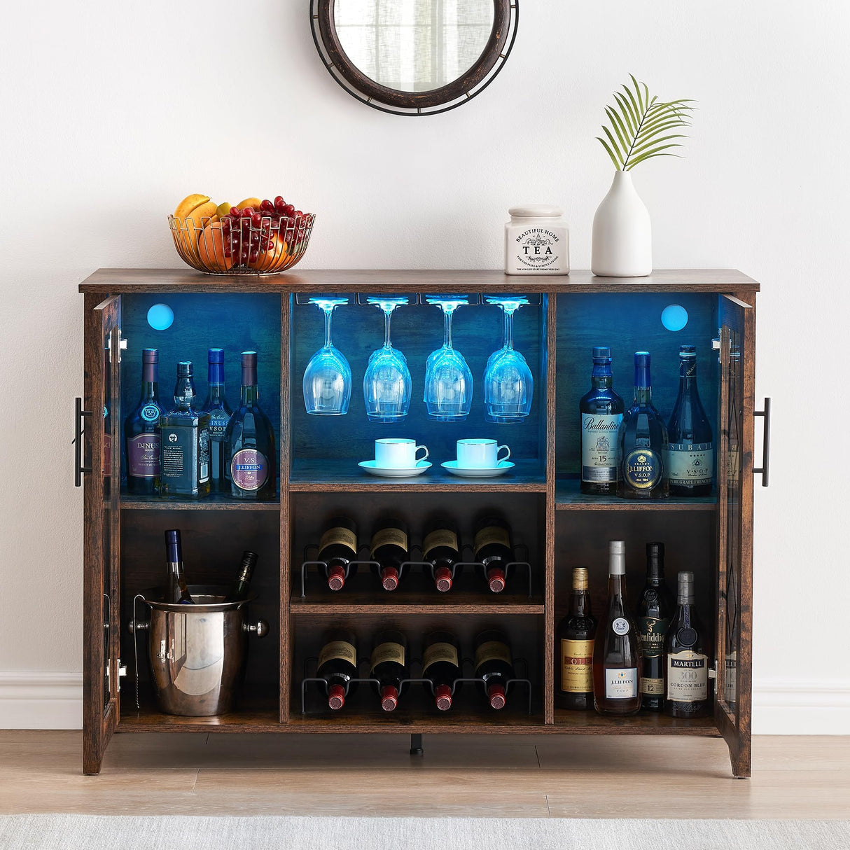Wine Bar Cabinet With LED Lights - Modern Liquor Storage Cabinet With Wine Rack, Glass Holder & Adjustable Shelves, Kitchen Bar Cabinet for Dining Room, Living Room, Home Bar or Coffee Station Attracoast