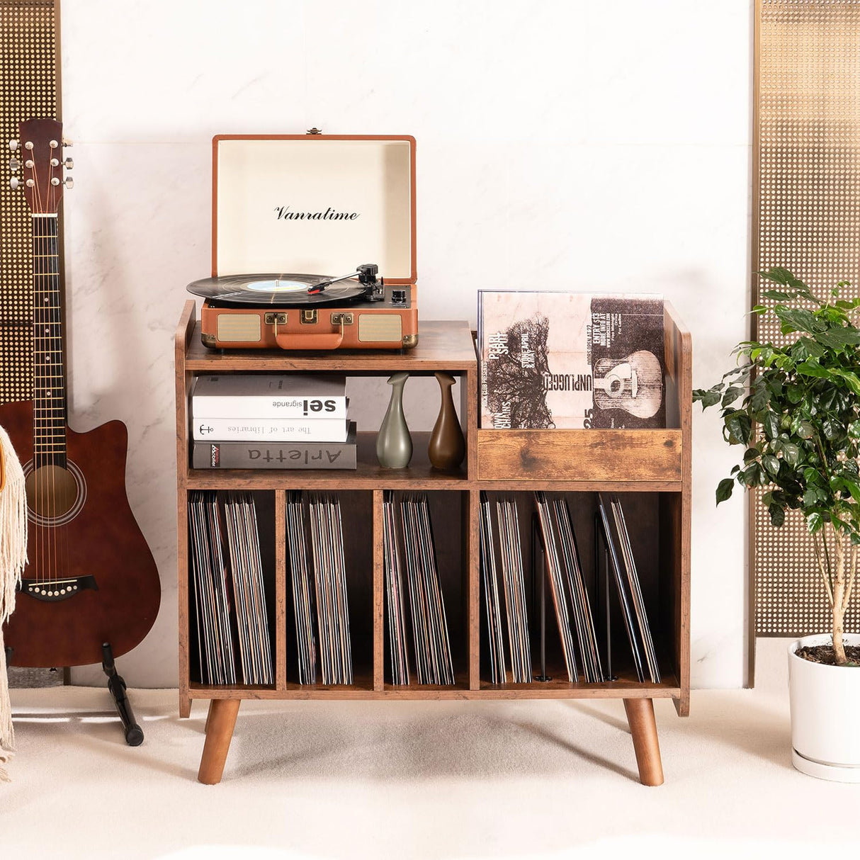 UODERS Record Player Stand, Large Record Player Table Cabinet with Open Vinyl Storage and Display Shelf Holds up to 350 Albums, Mid Century Wood Turntable for Living Room, Bedroom (Brown) UODERS