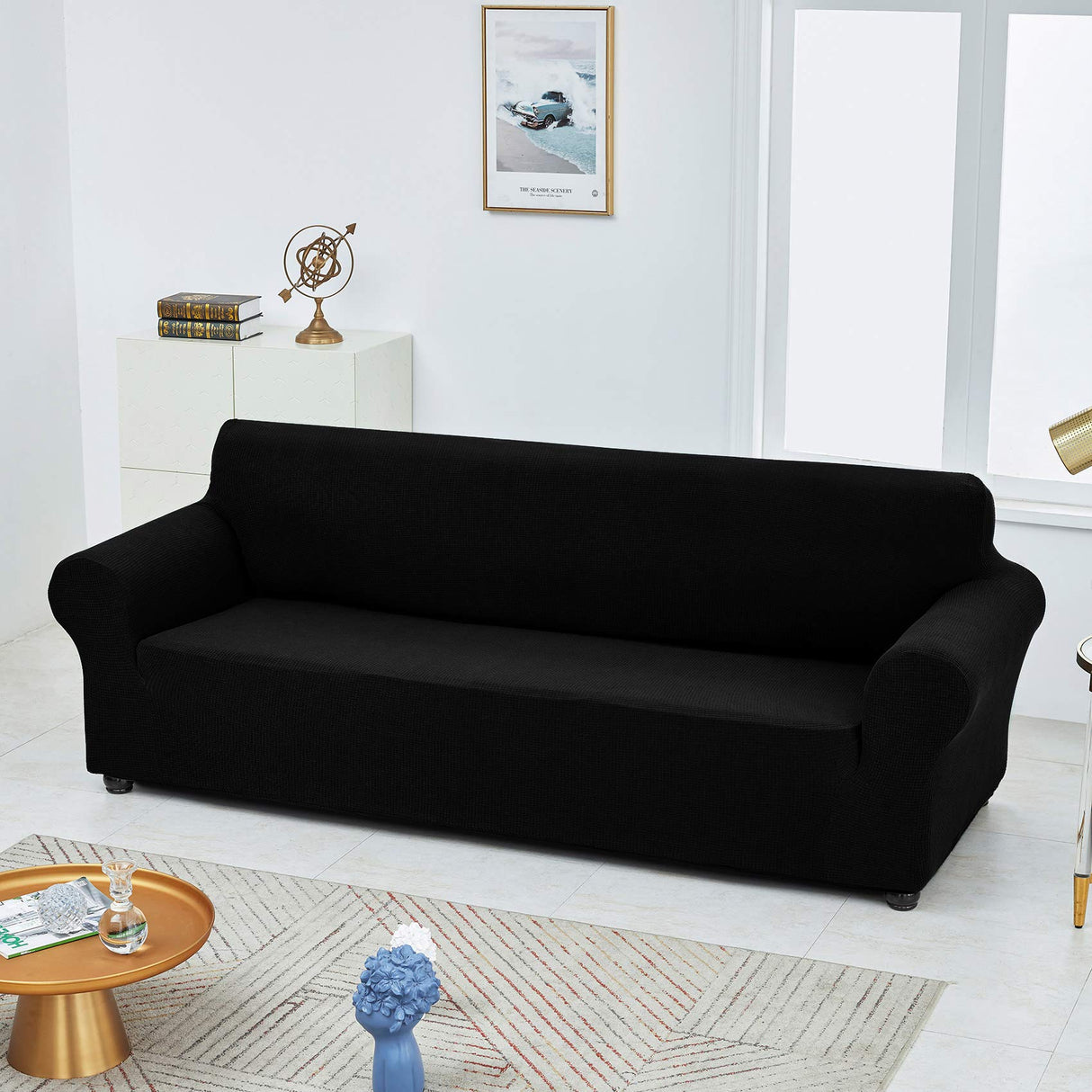 Joccun Stretch Couch Cover Slipcovers, 1-Piece Sofa Covers for 3 Cushion Couch Spandex Jacquard Washable Furniture Protector Cover for Living Room,Kids,Pets(Sofa,Black) Joccun