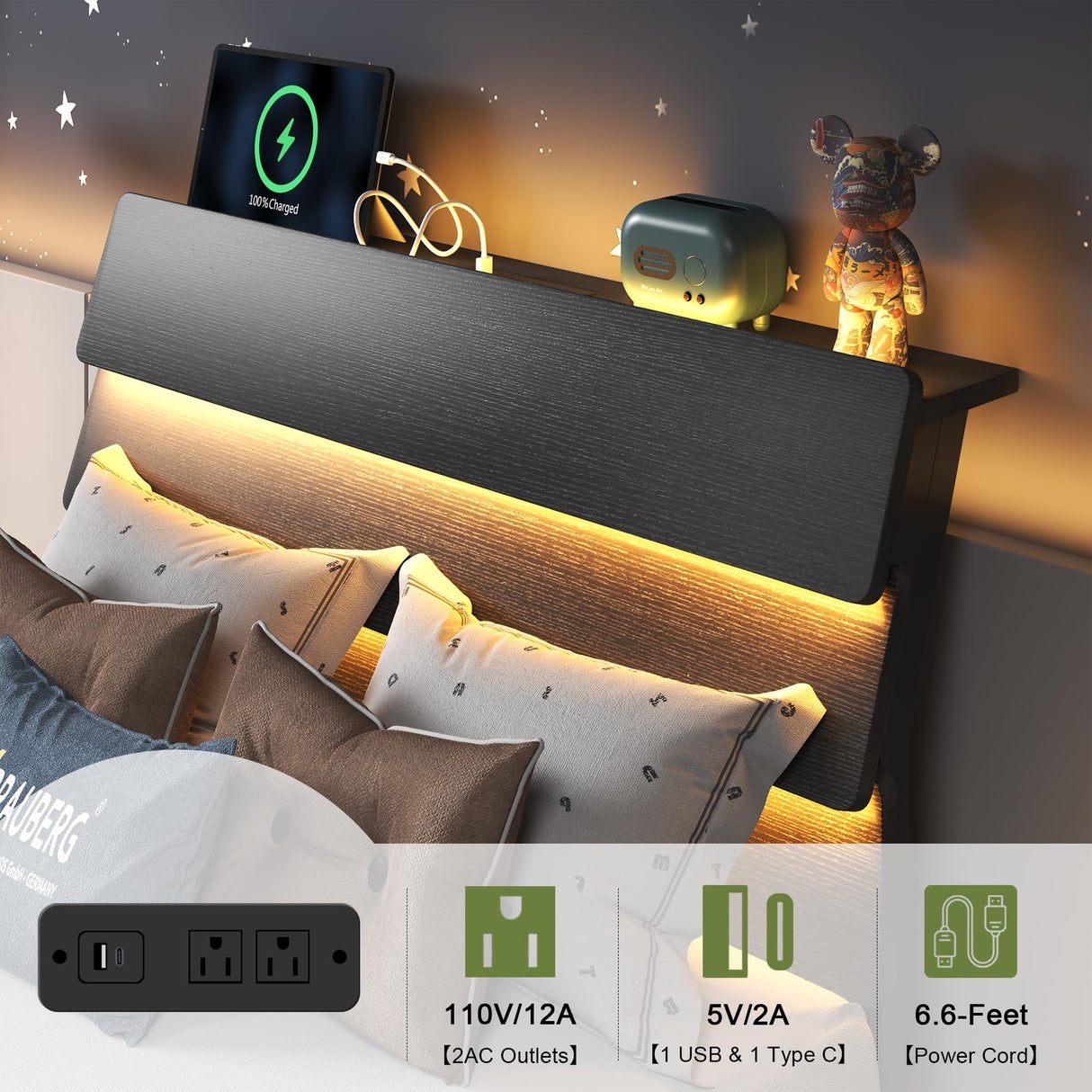 Feonase Twin Floating Bed Frame with Led Lights and Charging Station, Wood Twin Size Bed Frame with Storage Headboard, Heavy Duty Metal Slats, No Box Spring Needed, Easy Assembly, Black Feonase