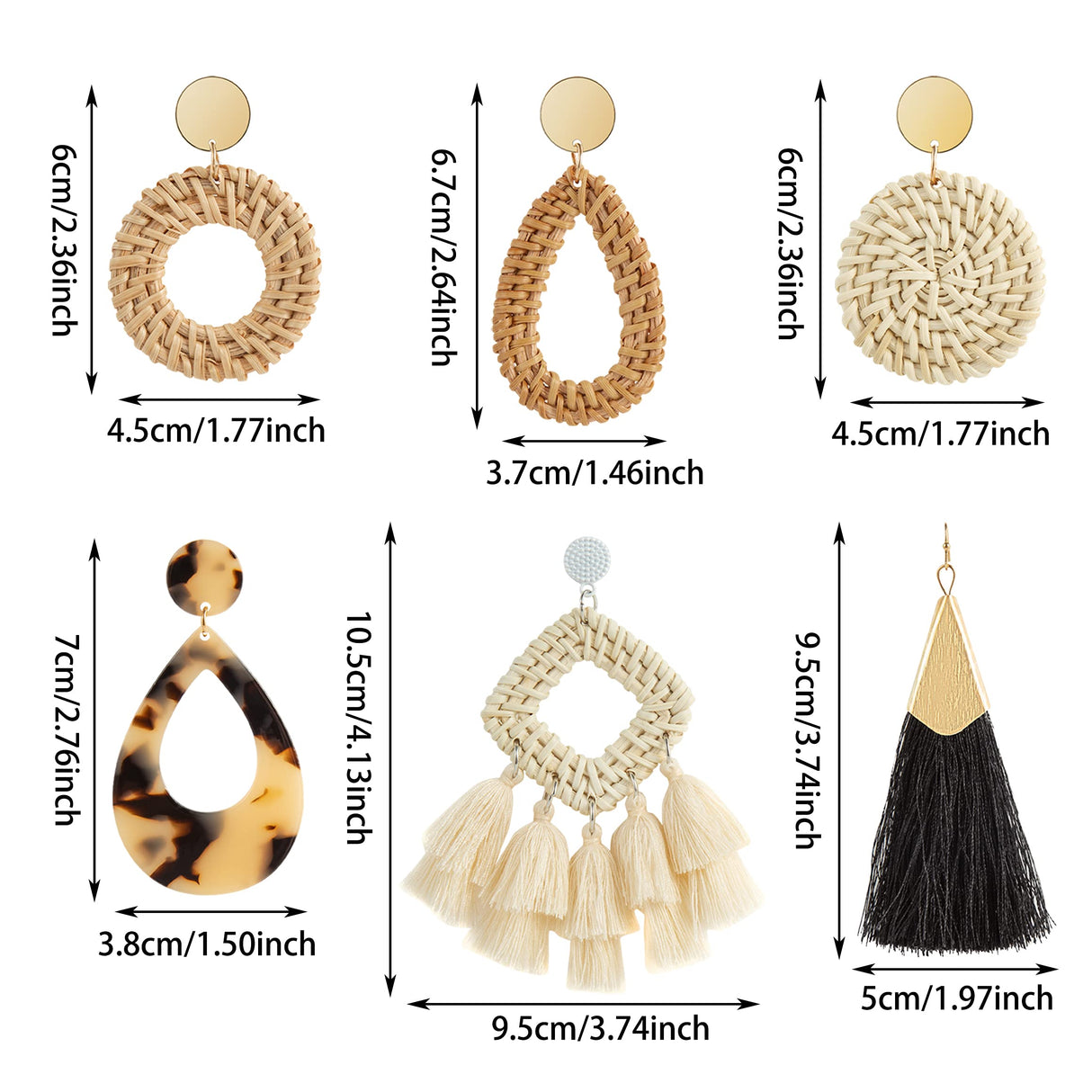 Ponpon 6 Pairs Rattan Earrings, Lightweight Summer Straw Earrings Fashion Geometric Statement Hoop Dangle Drop Zinc Earrings for Women Ponpon