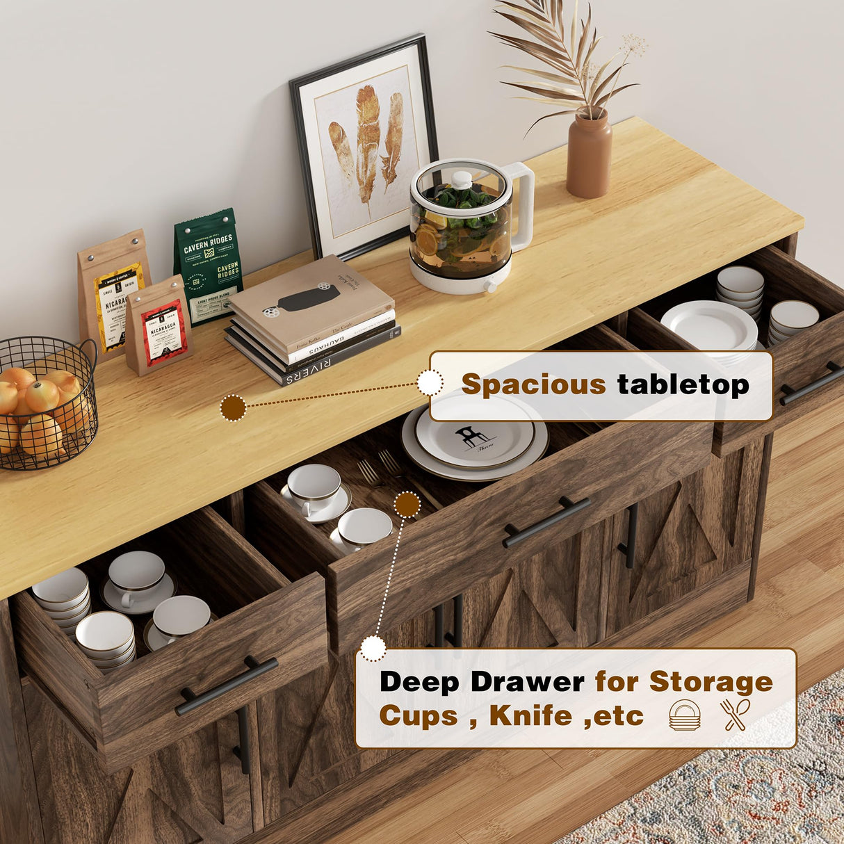 Vongrasig Buffet Cabinet with Drawers, 53” Large Sideboard Buffet Kitchen Storage Cabinet, Modern Farmhouse Coffee Bar with Shelves and Doors, Wood Buffet Table for Kitchen, Dining Room, Rustic Brown Vongrasig