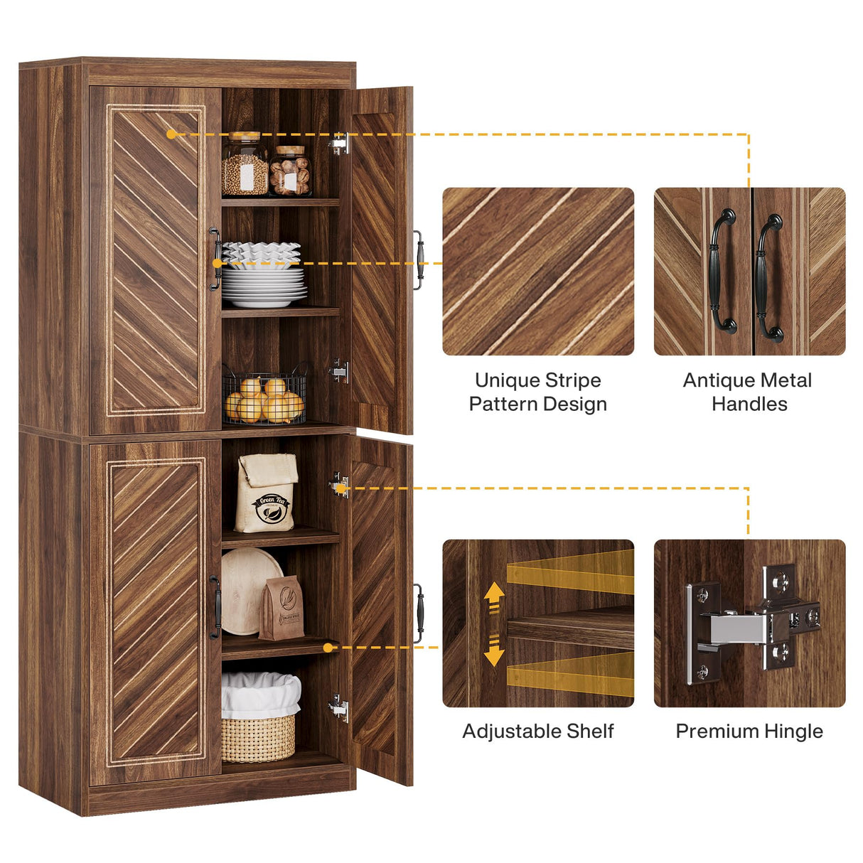 Tribesigns 69" Tall Kitchen Pantry Cabinet, Farmhouse Pantry Kitchen Cabinet with 4 Doors and 4 Adjustable Shelves, Rustic Wood Cupboard for Kitchen, Dining Room, Living Room Tribesigns